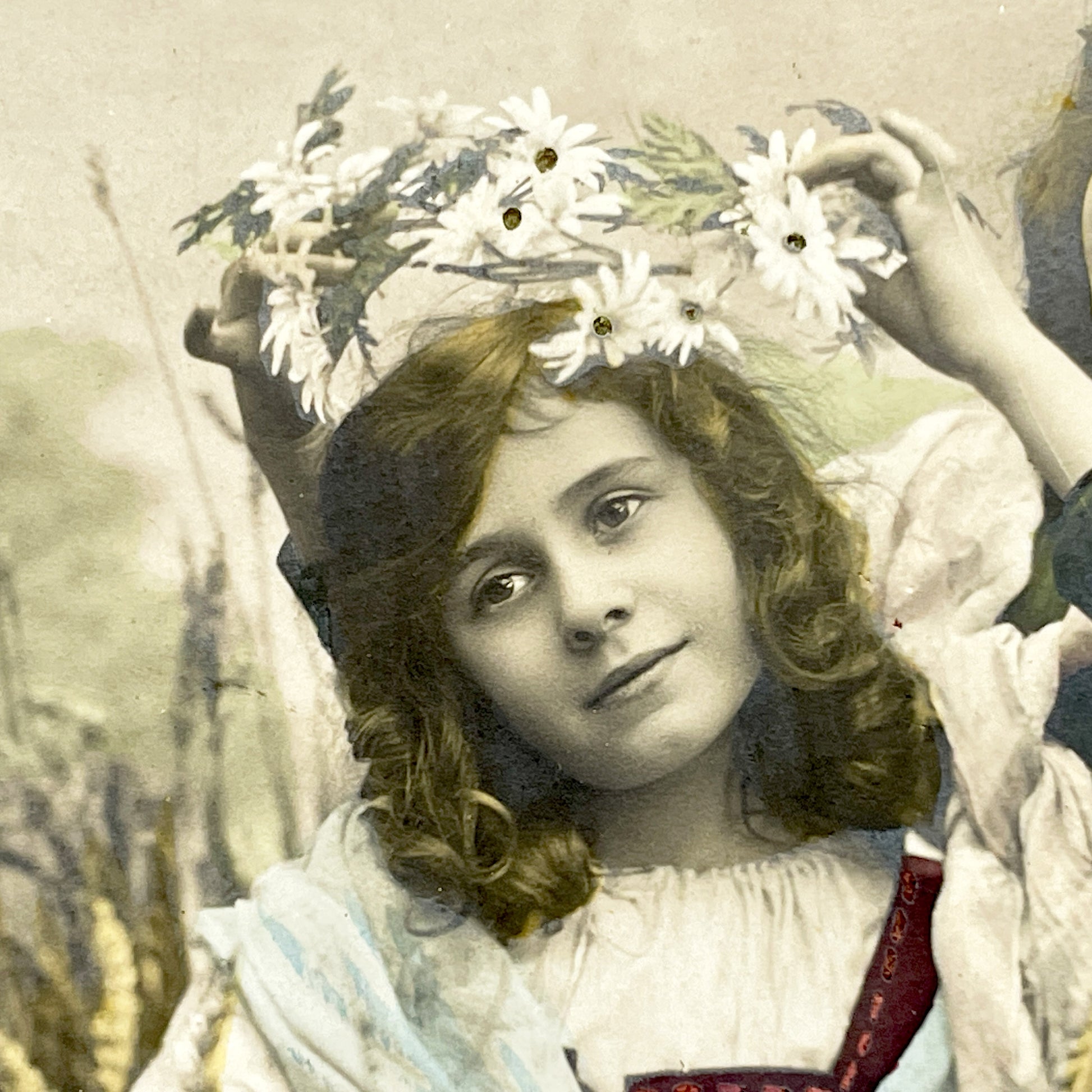 1900s - Antique Hand-Colored Postcard - Two Girls With Daisy Flower Wreath in Wheat Field - Stebbing Paris Art Nouveau Era Collectible