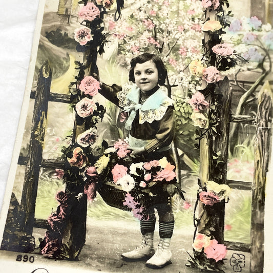 1910s - Vintage French Postcard - Little Girl With Basket Of Flowers - Hand-Colored Archway - Charming Antique Ephemera