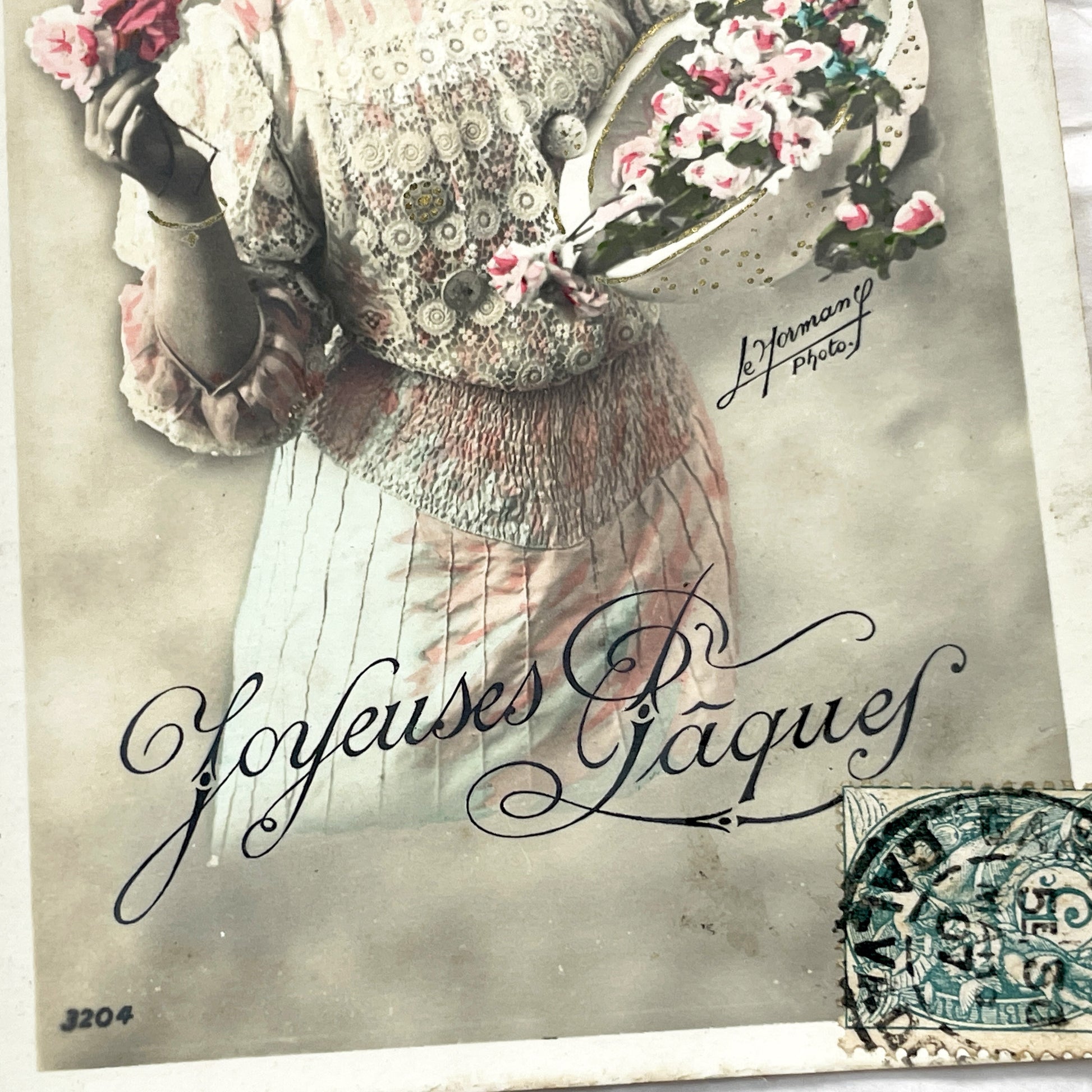 1900s - 2 Antique French Easter Postcards - Hand Tinted Women Flowers - Vintage Holiday Greeting Cards - Early 20th Century Ephemera