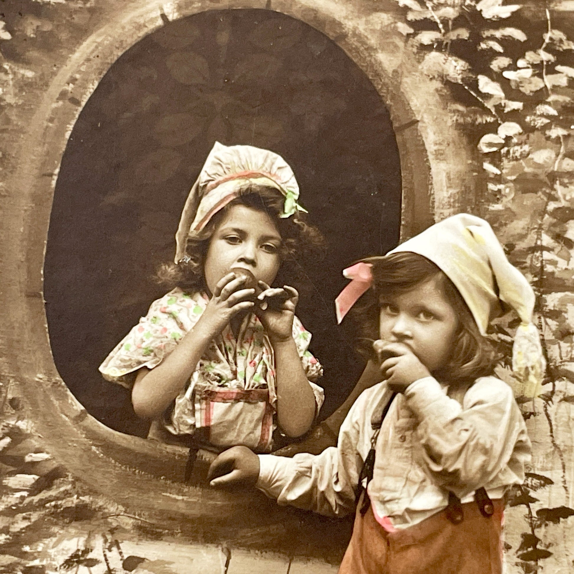 1910s - Vintage French Postcard - Children Eating Fruit Basket - Sepia Tone Hand-Colored - Antique Ephemera Collectible - Bonne Annee
