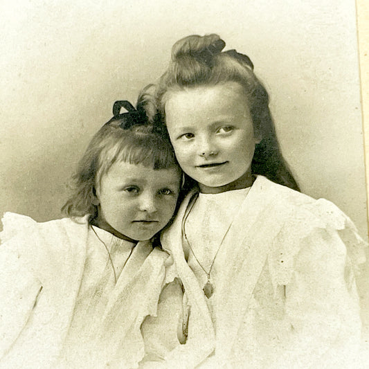1900s - Vintage Cabinet Card - French Studio Portrait of Two Young Girls - E. Bron Photographer - 31 Rue Grenette Lyon, France