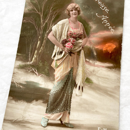 1910s - Elegant Flapper Woman Postcard - Vintage French New Year Greeting - Colorful Beaded Dress - Historical Fashion Illustration