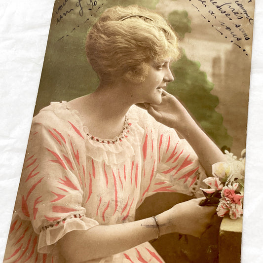 1910s - Elegant Belle Époque Lady Portrait Postcard - Vintage French Hand-Colored Photo - Young Woman with Flowers Collectible