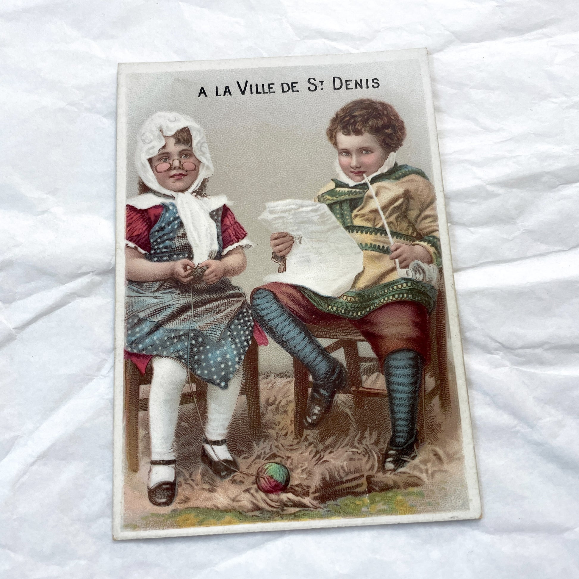 Late 19th - Vintage French Trade Card Chromo - St. Denis Advertising - Charming Children Knitting Scene - Victorian Era Collectible Art