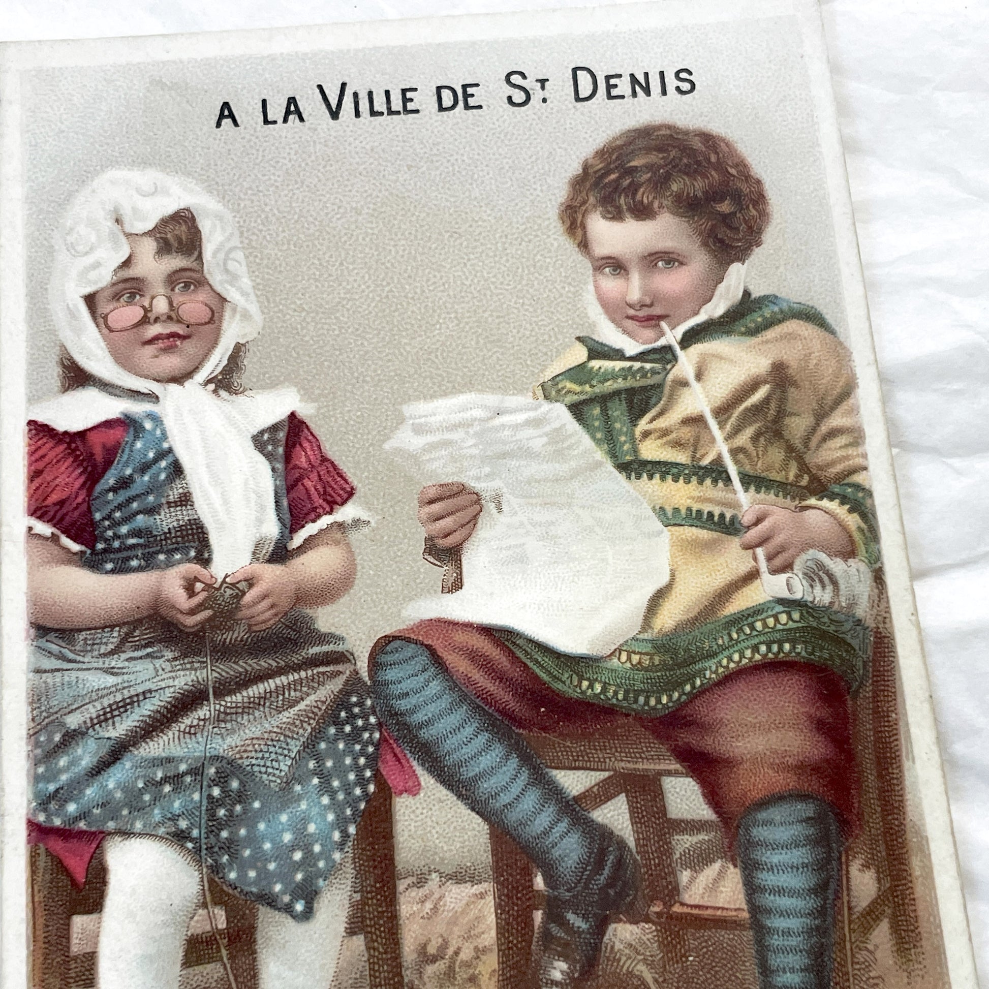 Late 19th - Vintage French Trade Card Chromo - St. Denis Advertising - Charming Children Knitting Scene - Victorian Era Collectible Art