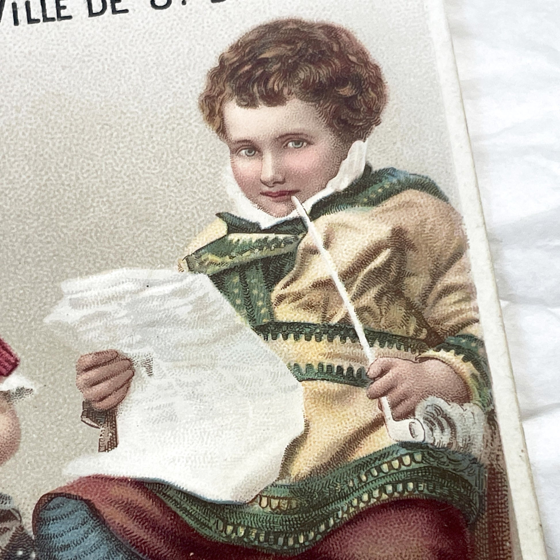 Late 19th - Vintage French Trade Card Chromo - St. Denis Advertising - Charming Children Knitting Scene - Victorian Era Collectible Art