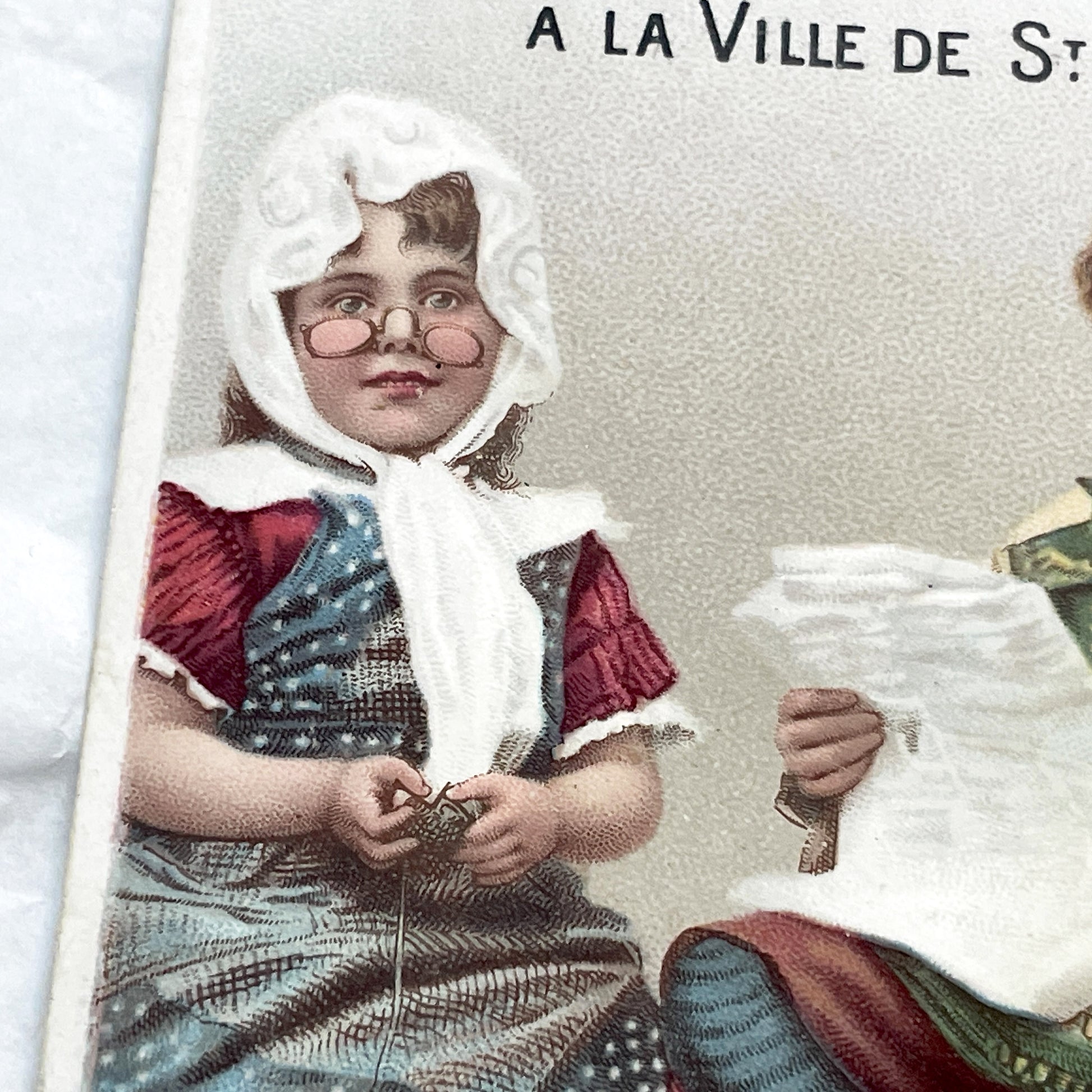 Late 19th - Vintage French Trade Card Chromo - St. Denis Advertising - Charming Children Knitting Scene - Victorian Era Collectible Art