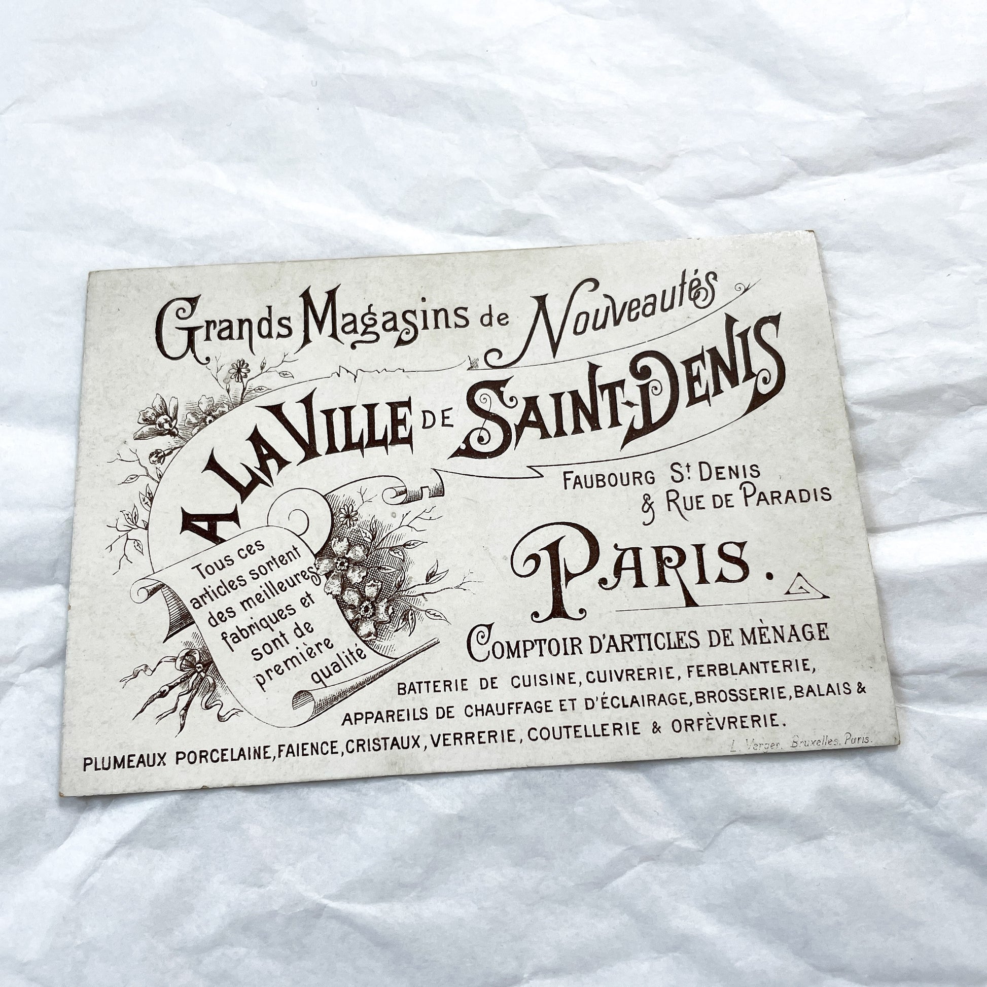 Late 19th - Vintage French Trade Card Chromo - St. Denis Advertising - Charming Children Knitting Scene - Victorian Era Collectible Art