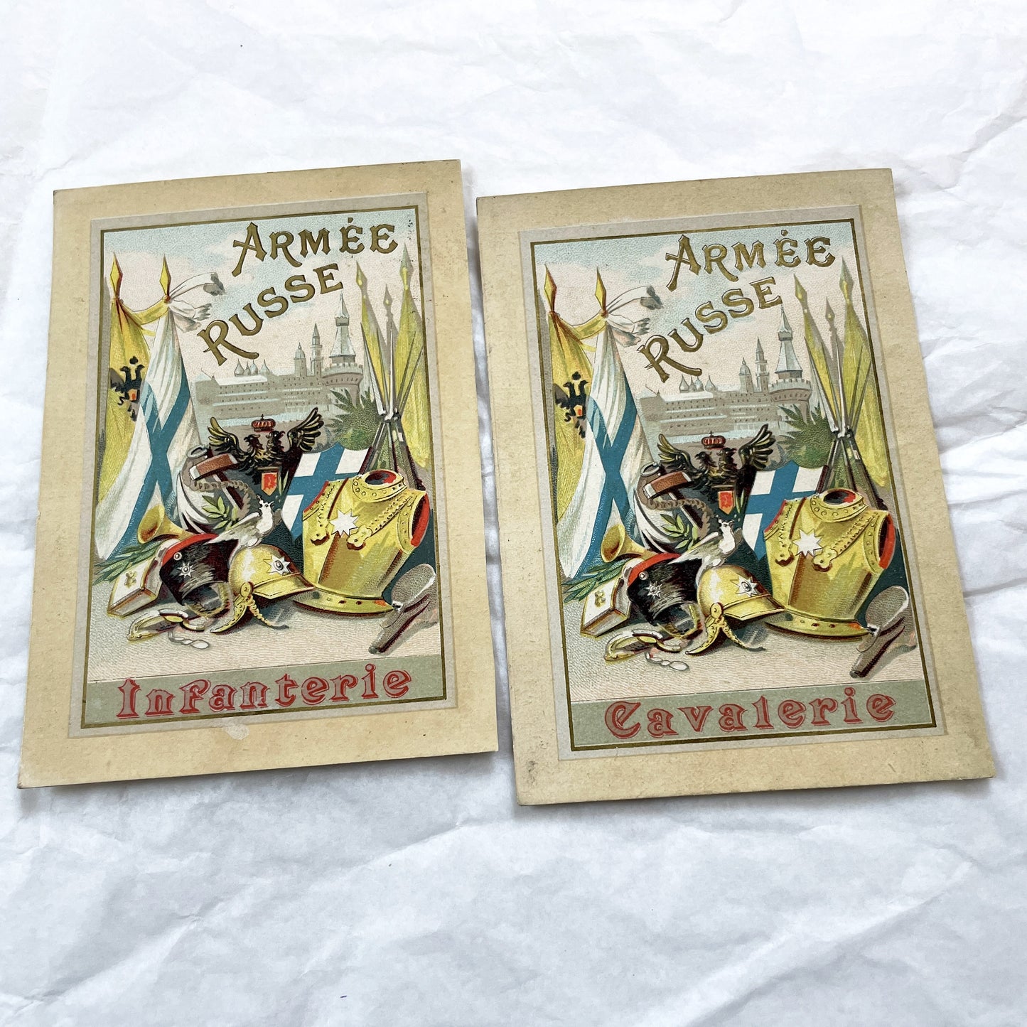 1900s - 2 Antique Russian Imperial Army Military Chromo Cards - Infantry And Cavalry Vintage Ephemera Collection - Historic Collectible
