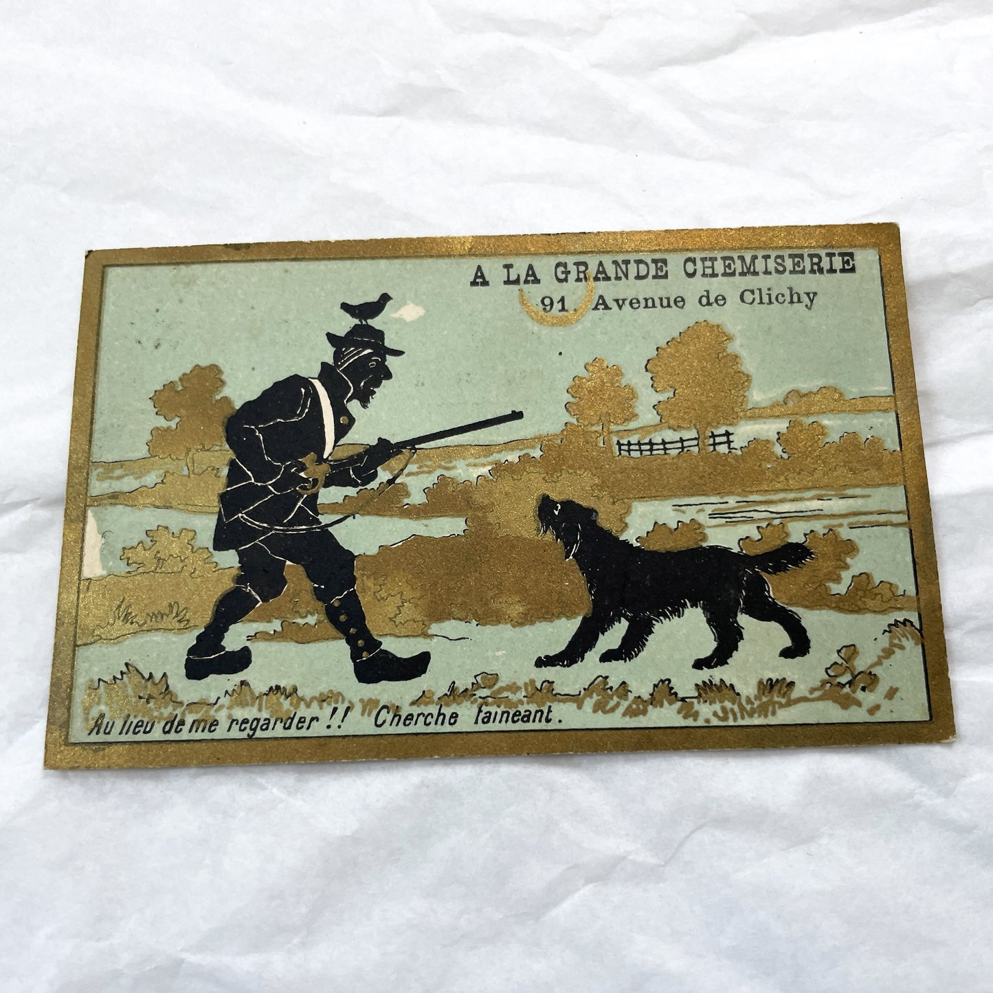 Late 19th - Two Parisian Advertising Cards - A La Grande Chemiserie - Humorous Hunting Scenes - Black Silhouette Art - Gold Embellishments
