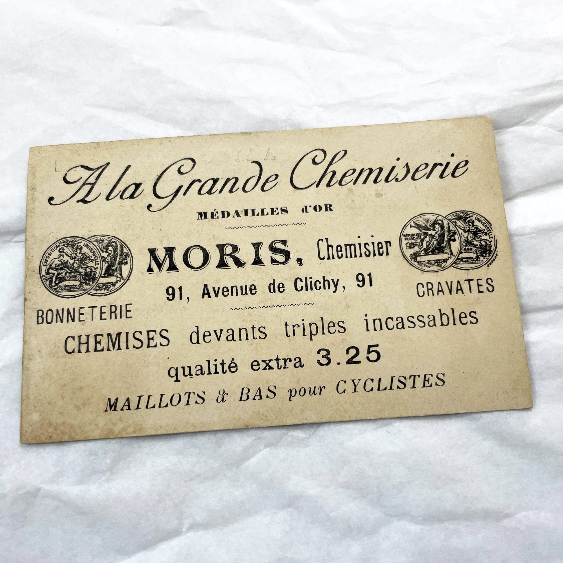 Late 19th - Two Parisian Advertising Cards - A La Grande Chemiserie - Humorous Hunting Scenes - Black Silhouette Art - Gold Embellishments