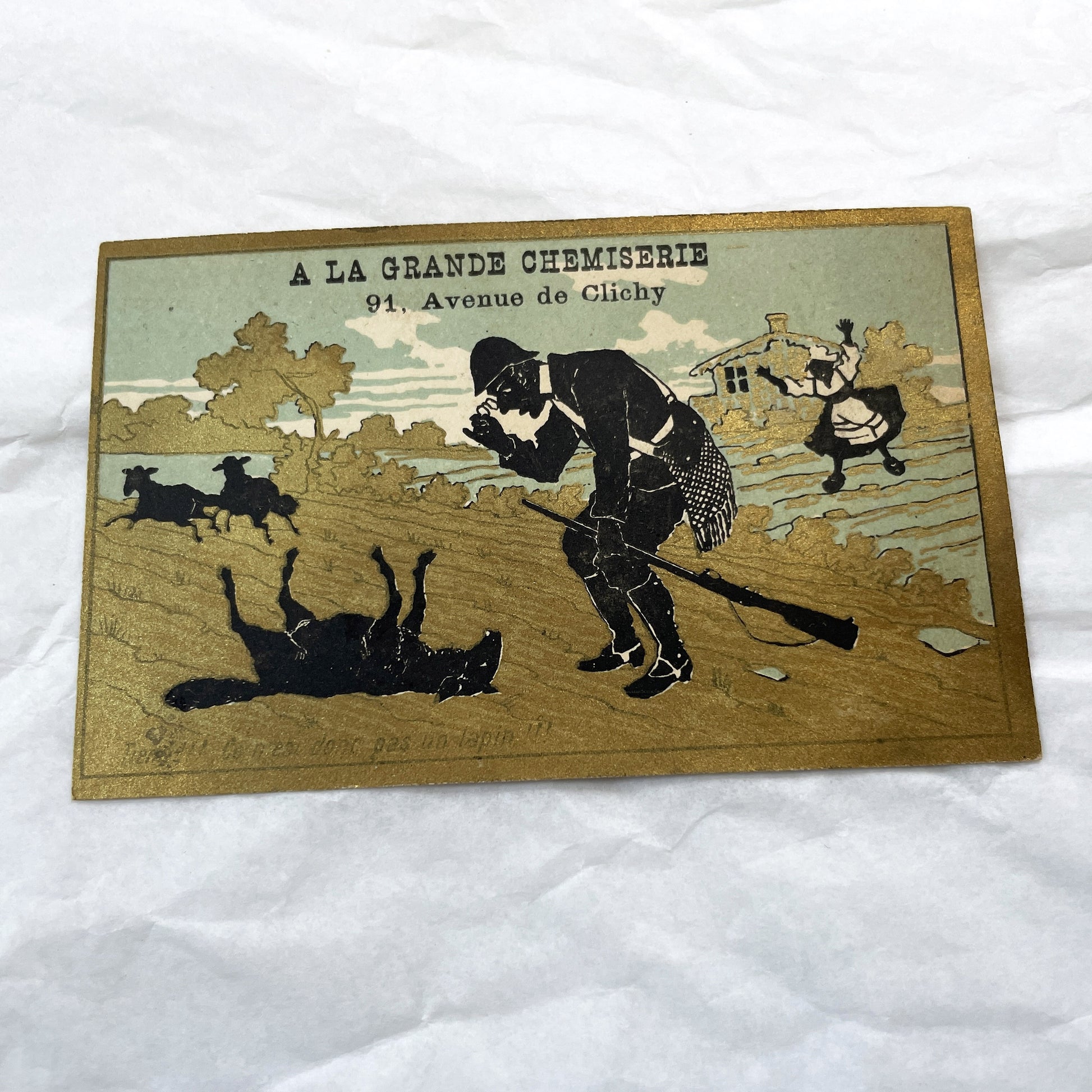Late 19th - Two Parisian Advertising Cards - A La Grande Chemiserie - Humorous Hunting Scenes - Black Silhouette Art - Gold Embellishments
