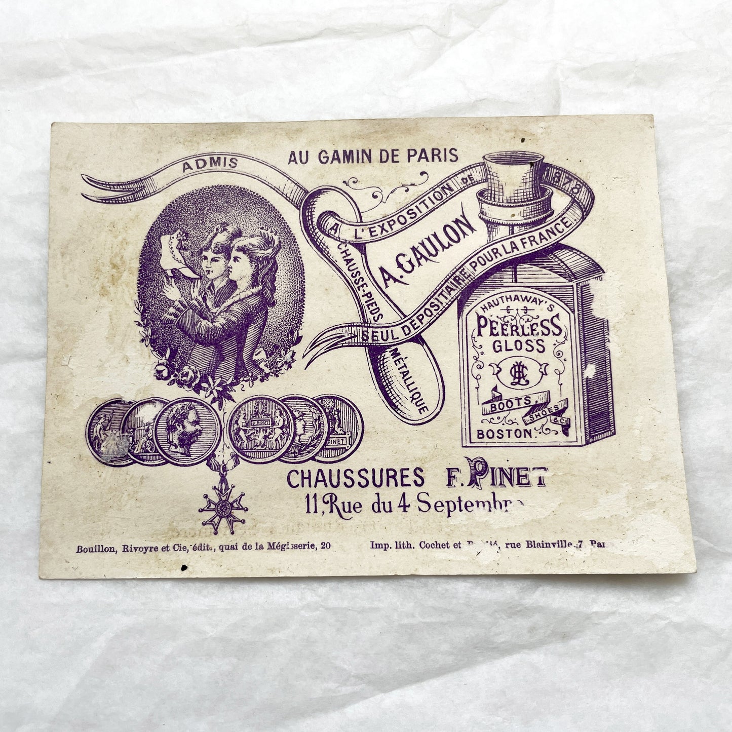 Late 19th - F. Pinet Chaussures Advertising Chromo - Paris Universal Exhibition - Vintage French Shoe Store Trade Card Art
