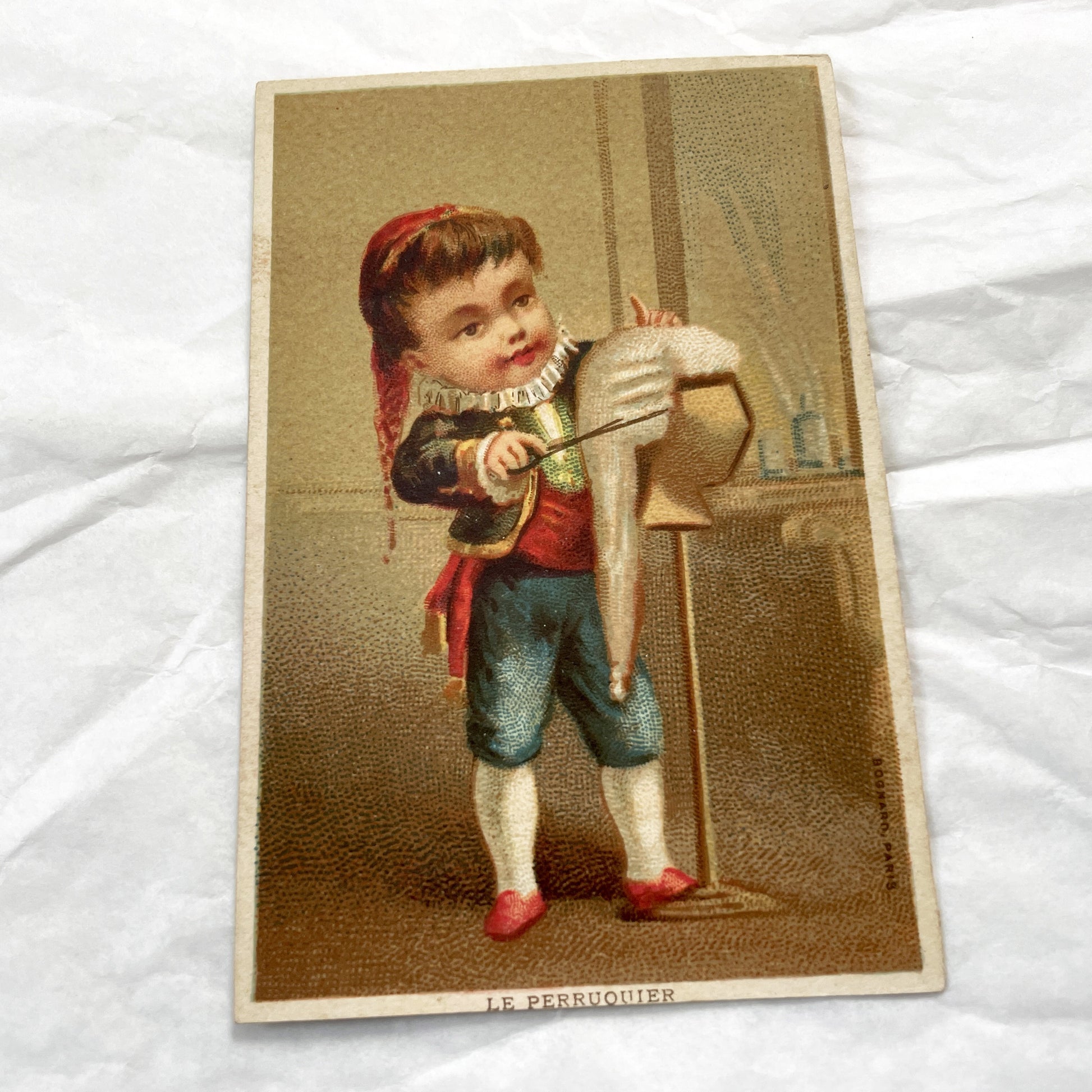 Late 19th - Antique French Chromo Card - Le Perruquier Wigmaker Boy Illustration - Vintage Trade Card Ephemera - Charming Art Print