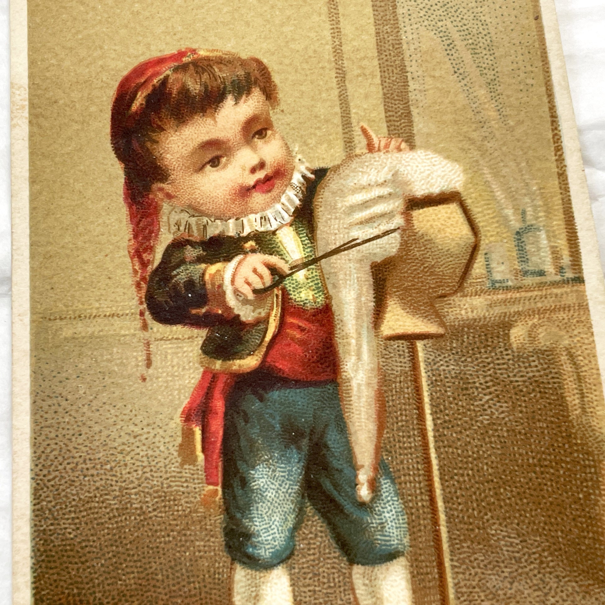 Late 19th - Antique French Chromo Card - Le Perruquier Wigmaker Boy Illustration - Vintage Trade Card Ephemera - Charming Art Print