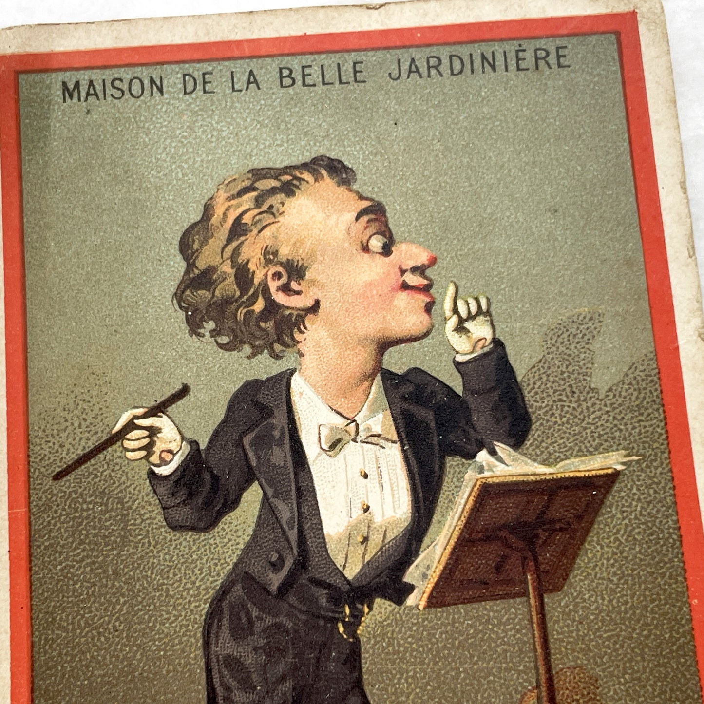 Late 19th Century - Parisian Advertising Chromo Card - Maison De La Belle Jardiniere - Music Conductor Caricature - Trade Card - Piano!