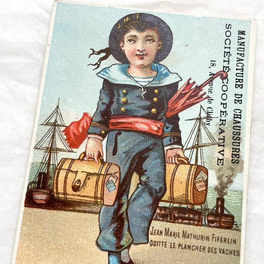 Late 19th - French Advertising Chromo - Sailor Boy Leaving Farm Life for Paris Lyon - Vintage Shoe Manufacture Card - Collectible