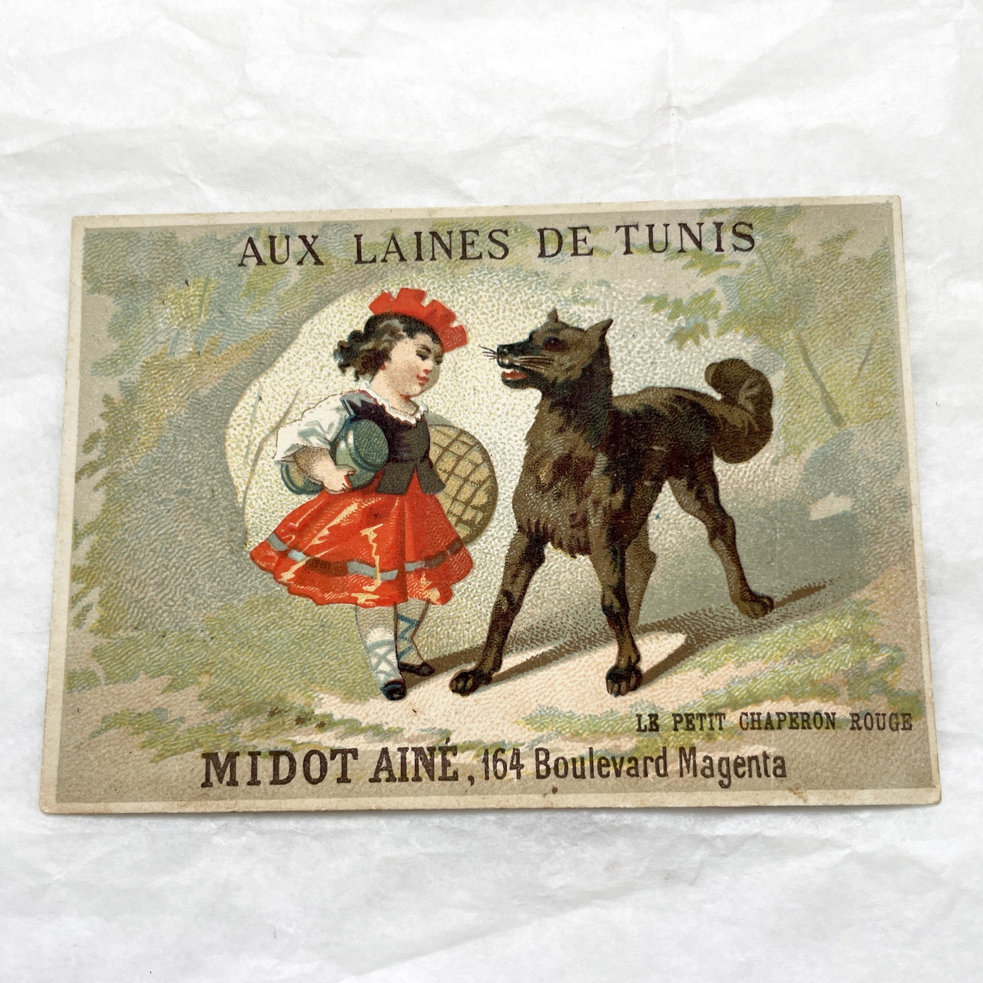 Late 19th - Vintage Little Red Riding Hood Trade Card - Aux Laines De Tunis Parisian Wool Merchant Advertisement - Boulevard Magenta
