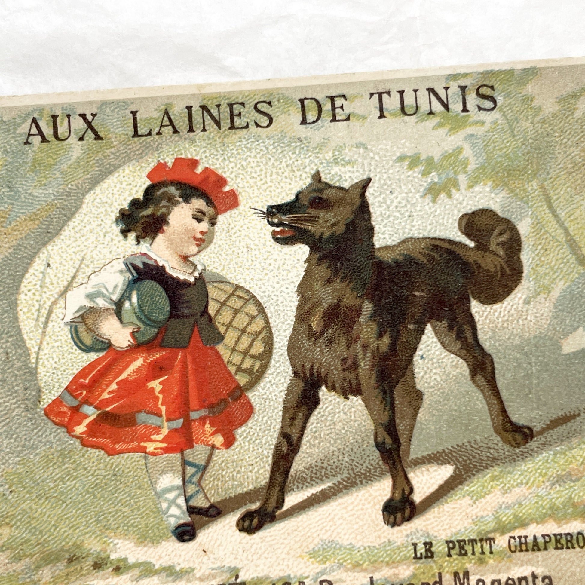 Late 19th - Vintage Little Red Riding Hood Trade Card - Aux Laines De Tunis Parisian Wool Merchant Advertisement - Boulevard Magenta