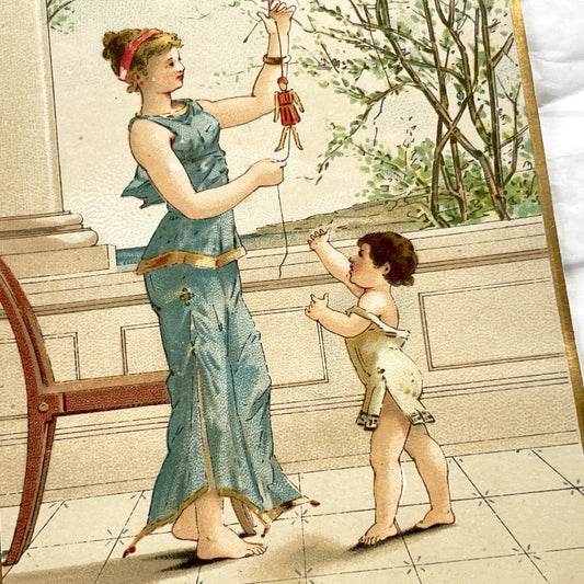 Late 19th Century - Elegant Chromolithograph - Victorian Classical Art Print - Woman And Child With Puppet - French Decorative Illustration