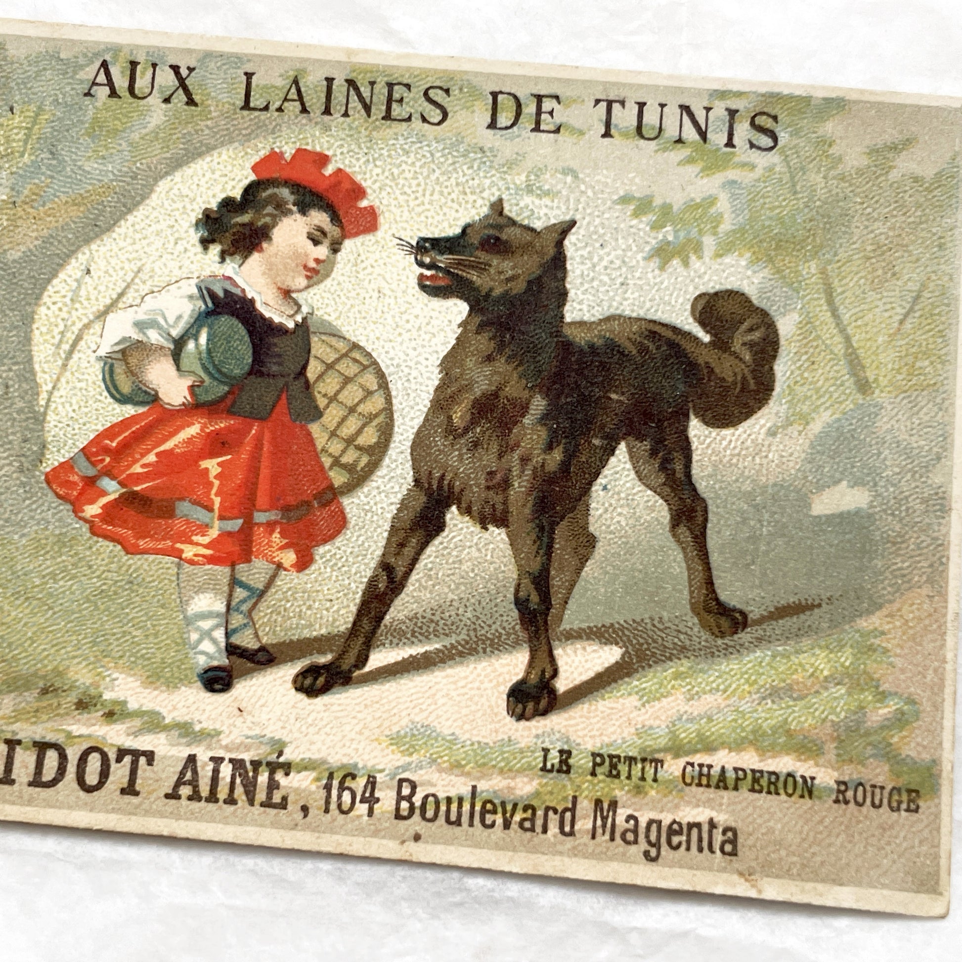 Late 19th - Vintage Little Red Riding Hood Trade Card - Aux Laines De Tunis Parisian Wool Merchant Advertisement - Boulevard Magenta