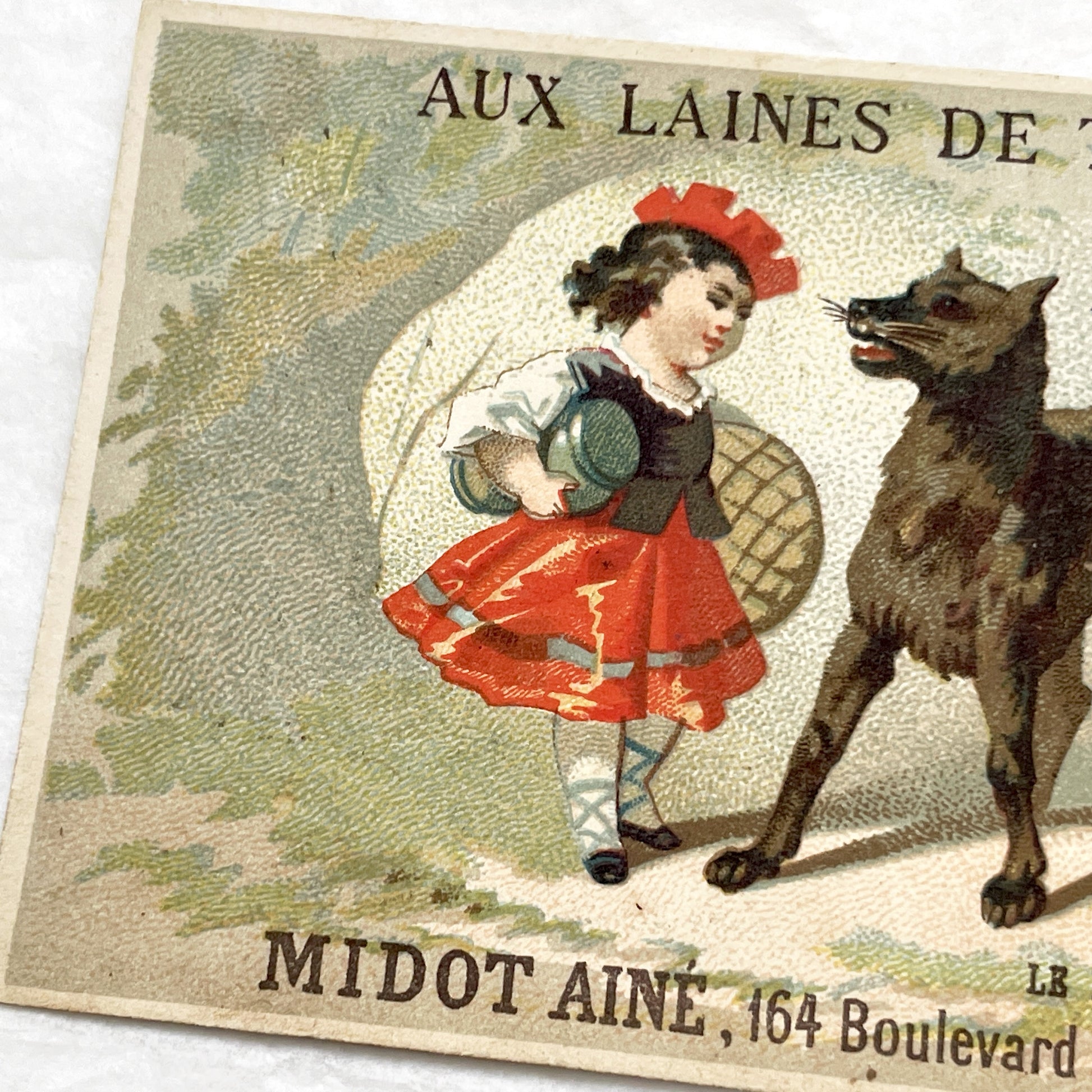 Late 19th - Vintage Little Red Riding Hood Trade Card - Aux Laines De Tunis Parisian Wool Merchant Advertisement - Boulevard Magenta