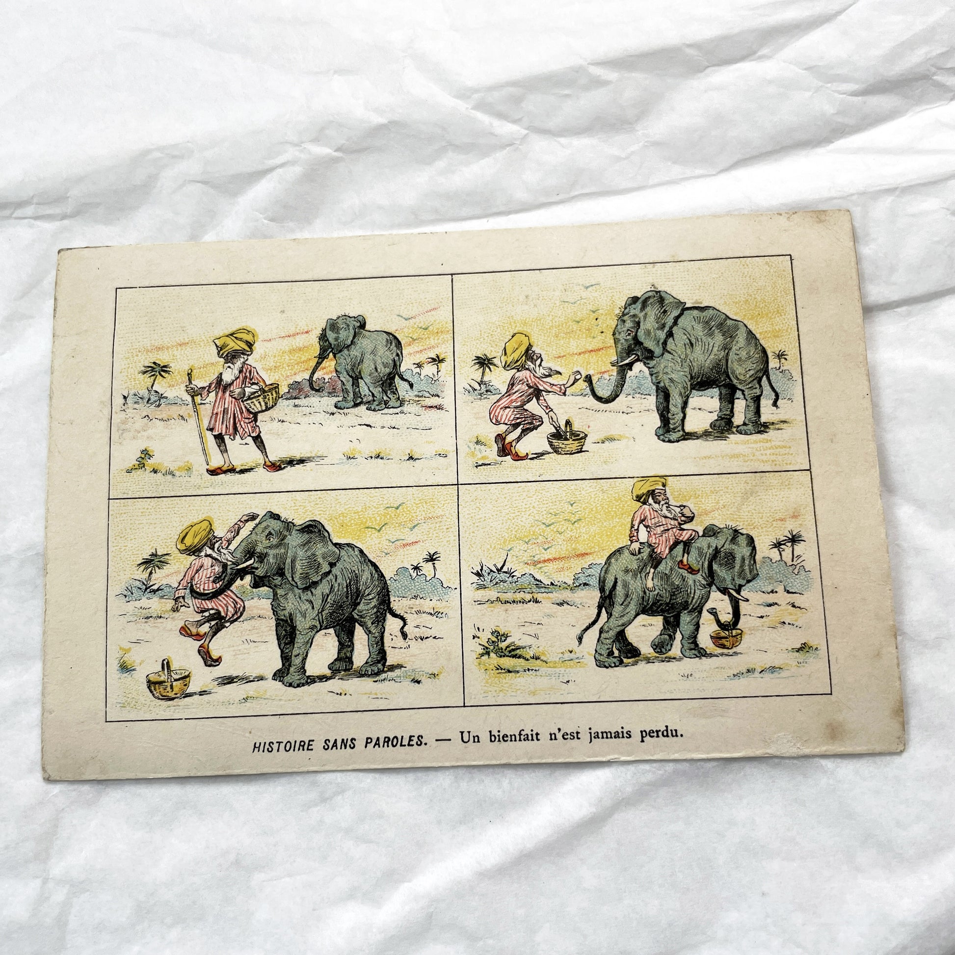 1900s - Vintage Chromo Card - Histoire Sans Paroles - Illustrated Elephant and Man Fable - Moral Tale Art Print