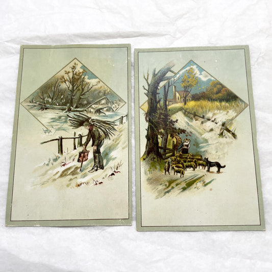 Late 19th - Two Vintage Chromolithograph Art Cards - Rural Winter & Shepherd Scenes - Original Victorian Era - Set Of Decorative Prints