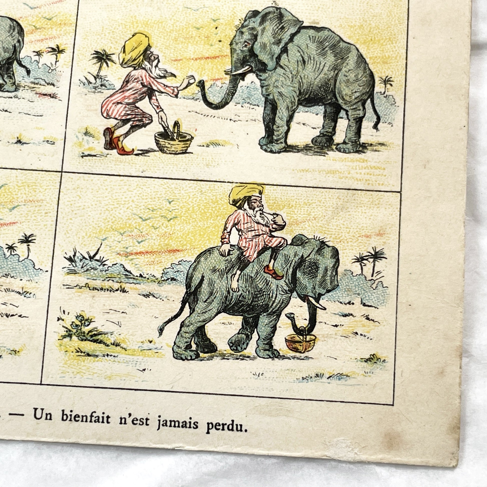 1900s - Vintage Chromo Card - Histoire Sans Paroles - Illustrated Elephant and Man Fable - Moral Tale Art Print