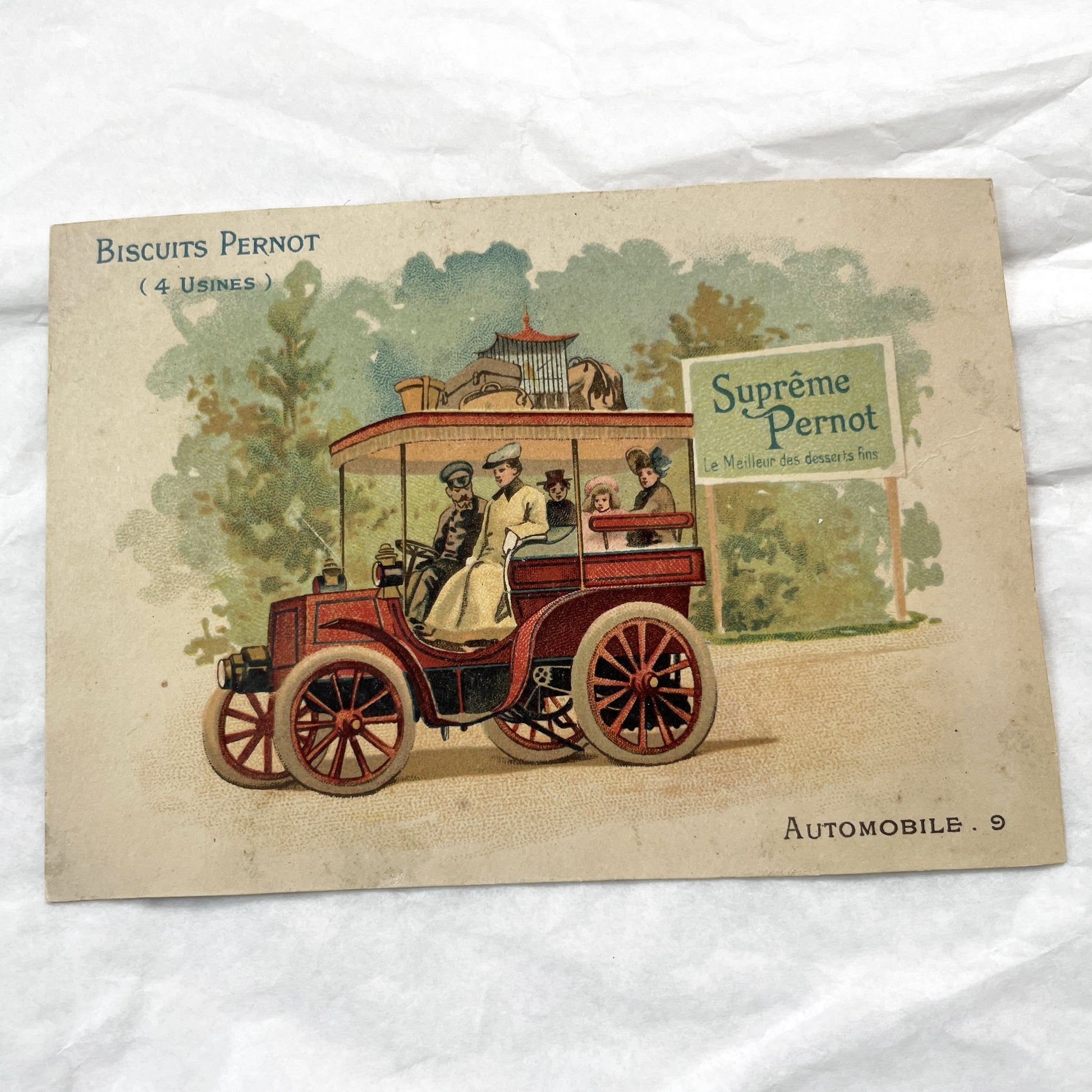 1900s - Vintage French Biscuits Pernot Advertising Chromo - Automobile Family Trip Art Card - Early 20th Century Ephemera