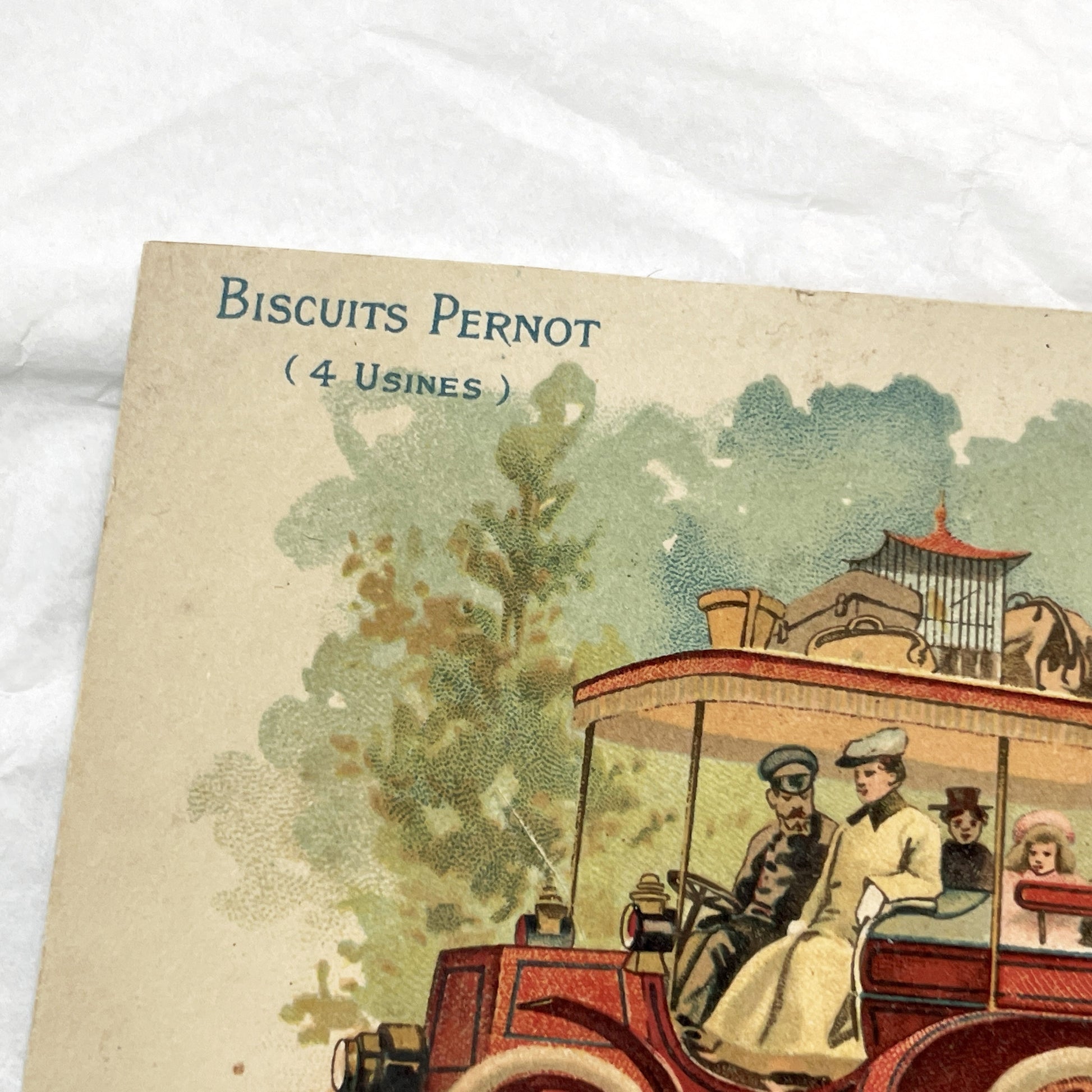 1900s - Vintage French Biscuits Pernot Advertising Chromo - Automobile Family Trip Art Card - Early 20th Century Ephemera