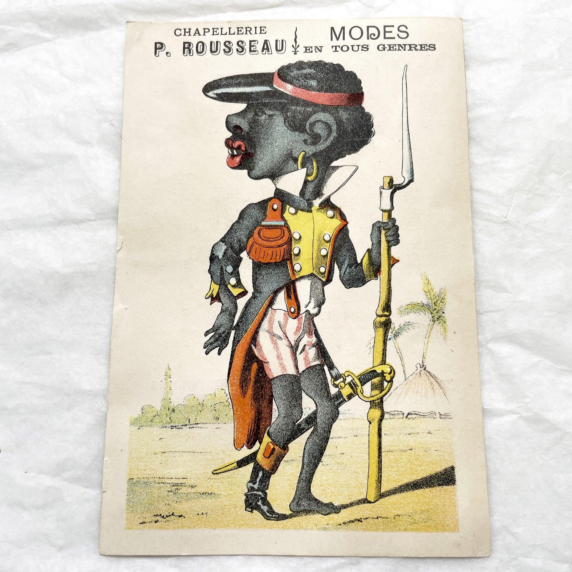 Late 19th Century - Huge French Advertising Trade Card - P. Rousseau Hat & Fashion Modes - Colonial Caricature - Vintage Art Ephemera