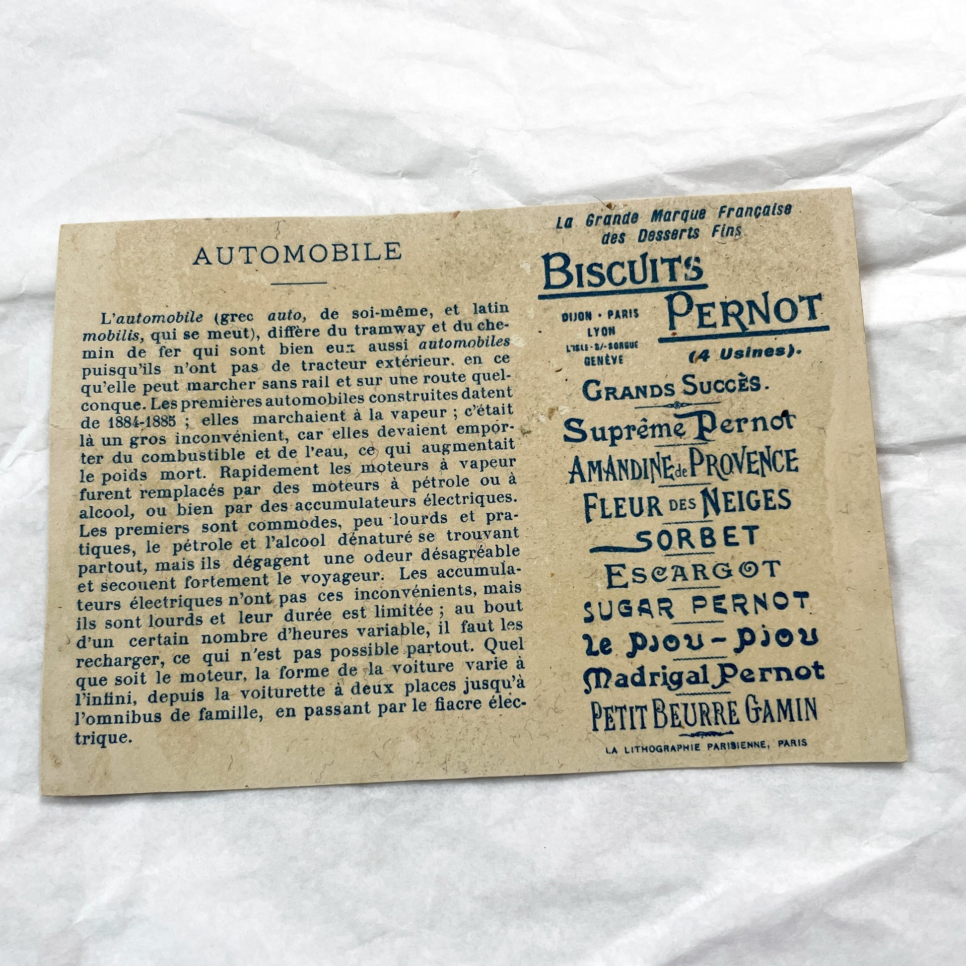 1900s - Vintage French Biscuits Pernot Advertising Chromo - Automobile Family Trip Art Card - Early 20th Century Ephemera