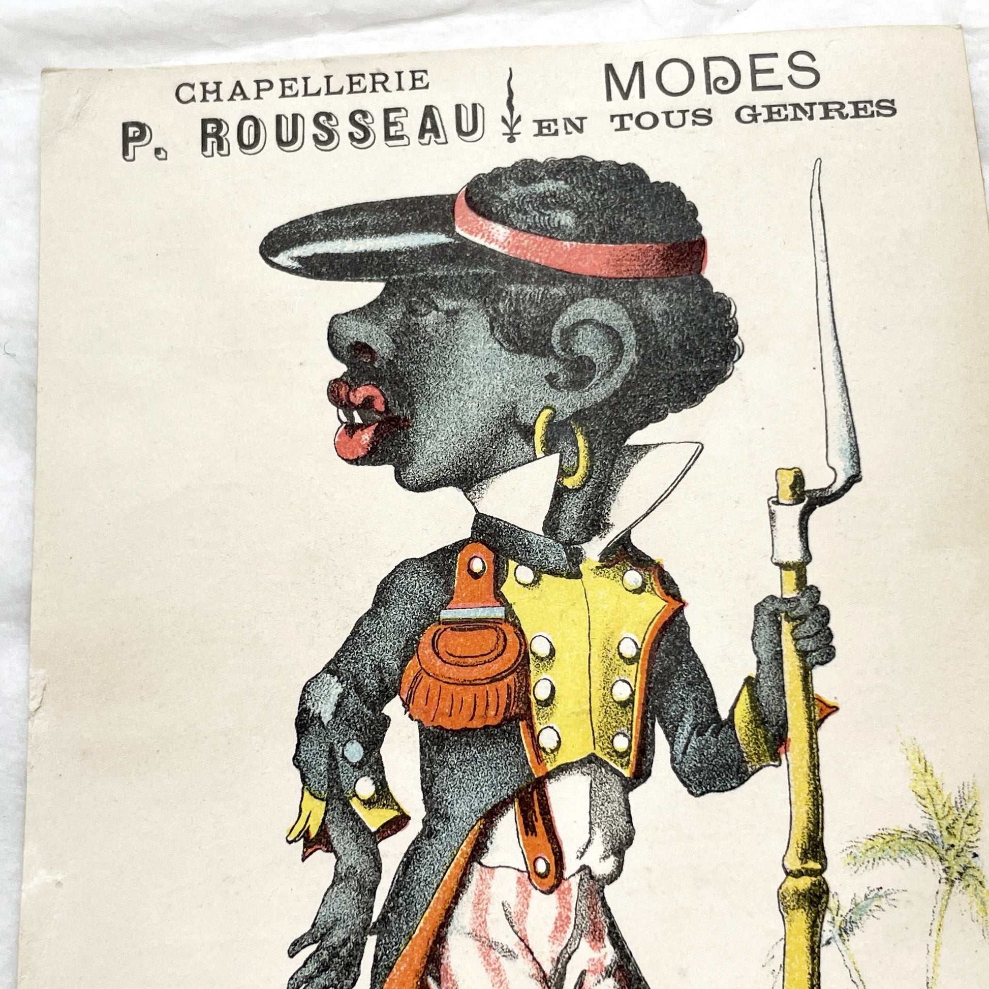 Late 19th Century - Huge French Advertising Trade Card - P. Rousseau Hat & Fashion Modes - Colonial Caricature - Vintage Art Ephemera