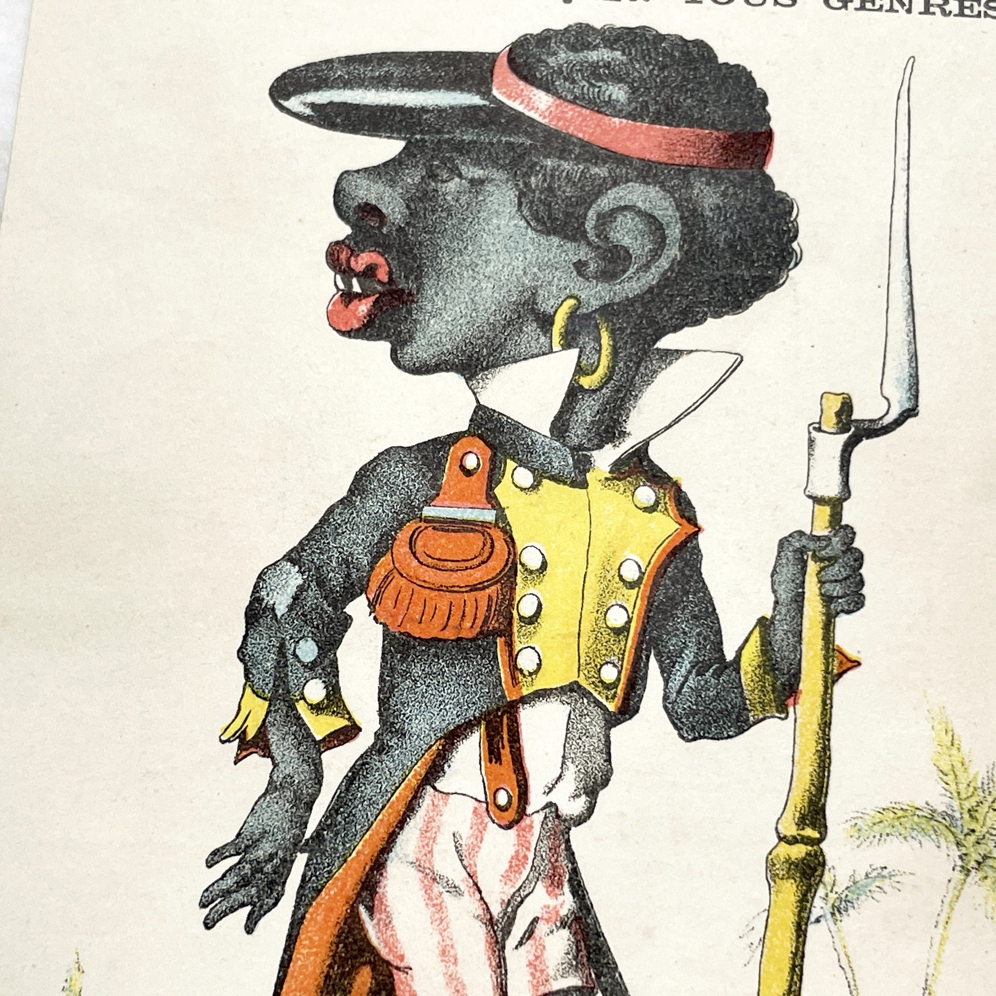 Late 19th Century - Huge French Advertising Trade Card - P. Rousseau Hat & Fashion Modes - Colonial Caricature - Vintage Art Ephemera