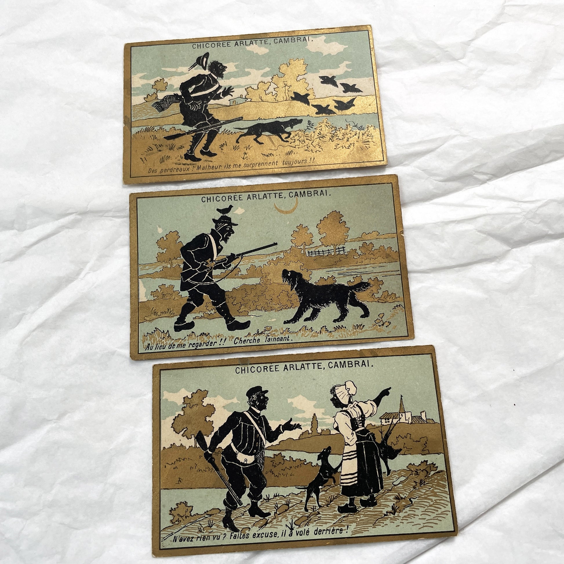 Late 19th - Three French Chicory Advertising Cards - Hunting Themed Trade Cards - Chicoree Arlatte Cambrai Collectible Silhouettes