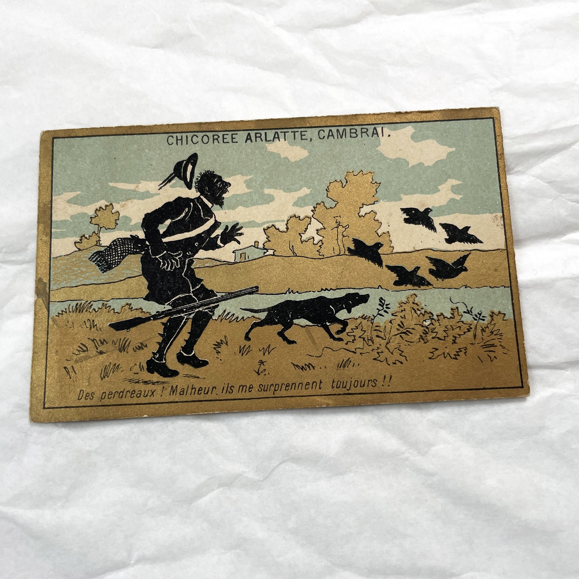 Late 19th - Three French Chicory Advertising Cards - Hunting Themed Trade Cards - Chicoree Arlatte Cambrai Collectible Silhouettes