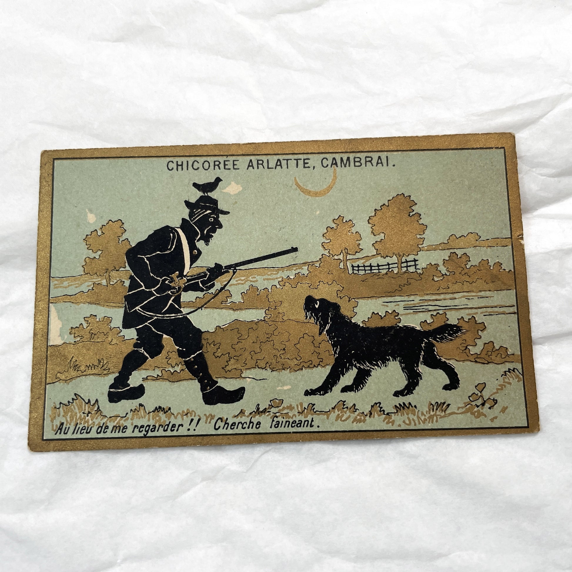Late 19th - Three French Chicory Advertising Cards - Hunting Themed Trade Cards - Chicoree Arlatte Cambrai Collectible Silhouettes