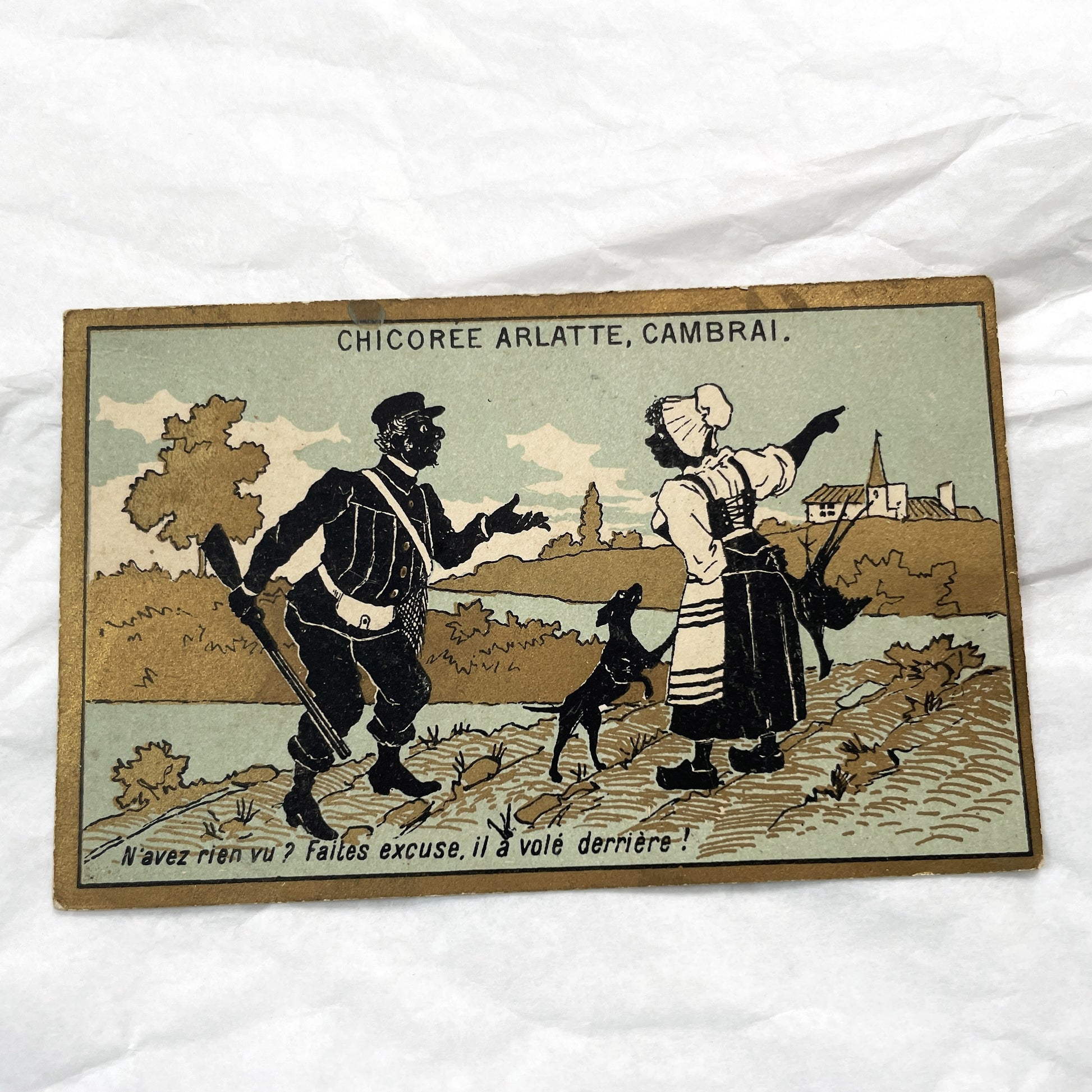 Late 19th - Three French Chicory Advertising Cards - Hunting Themed Trade Cards - Chicoree Arlatte Cambrai Collectible Silhouettes