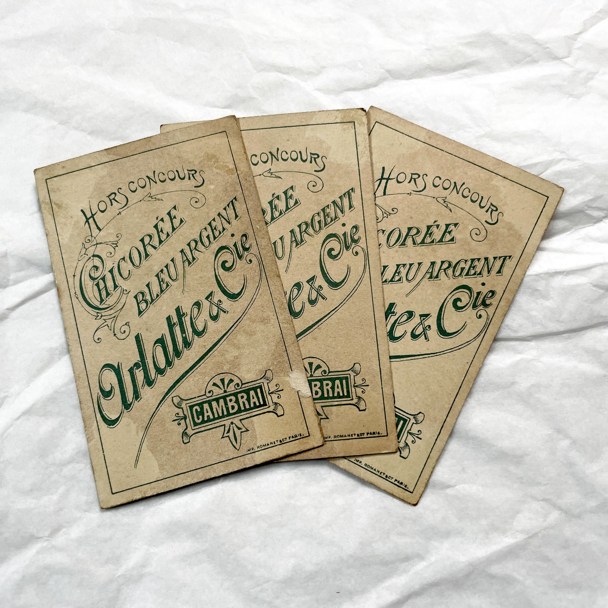 Late 19th - Three French Chicory Advertising Cards - Hunting Themed Trade Cards - Chicoree Arlatte Cambrai Collectible Silhouettes