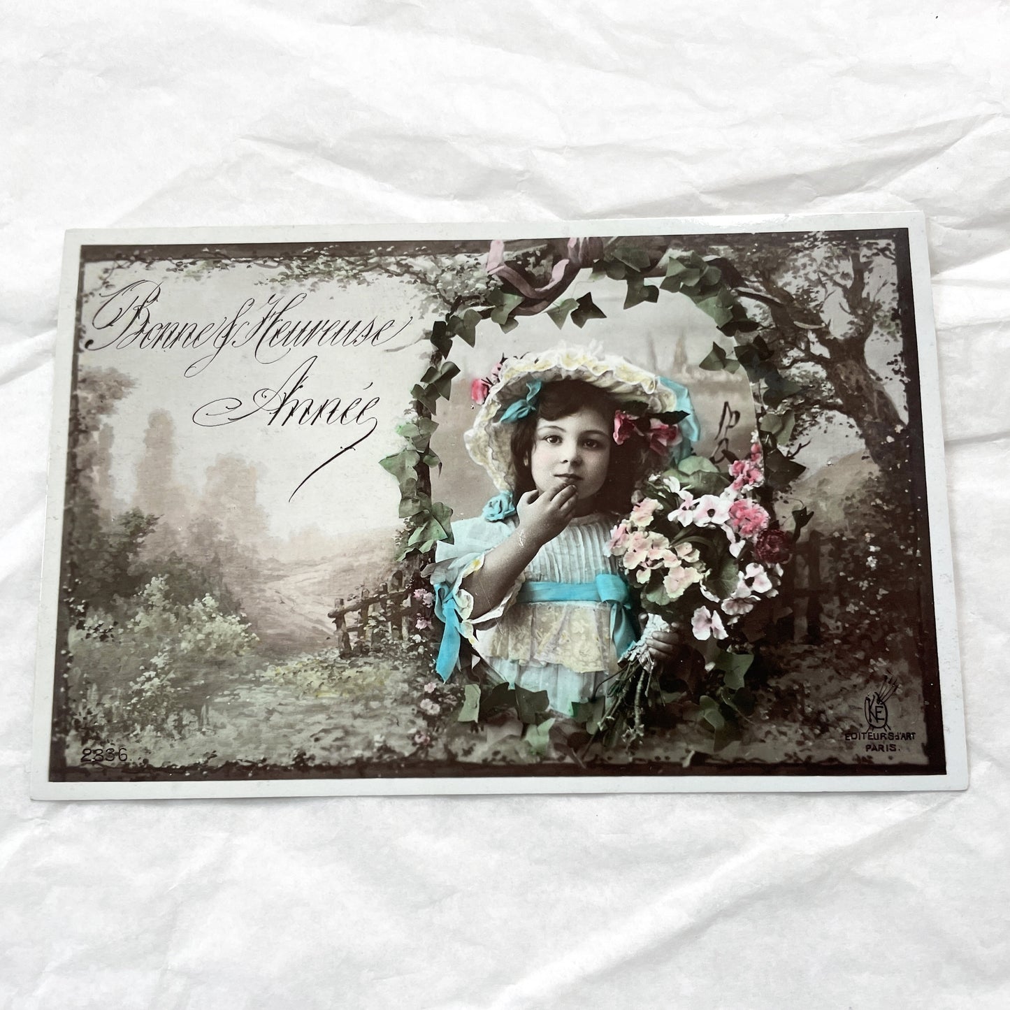 1910s - French New Year Postcard - Hand-Colored Young Girl Portrait with Flowers - Edwardian Era Greeting Card - Paris Art Publishers