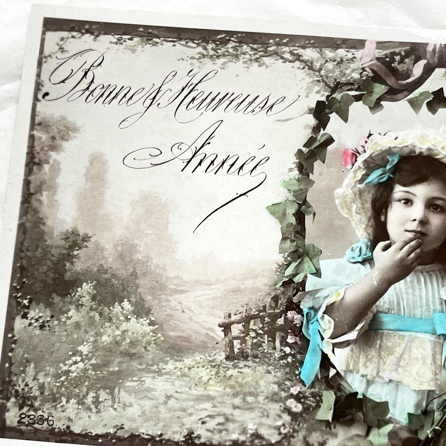 1910s - French New Year Postcard - Hand-Colored Young Girl Portrait with Flowers - Edwardian Era Greeting Card - Paris Art Publishers