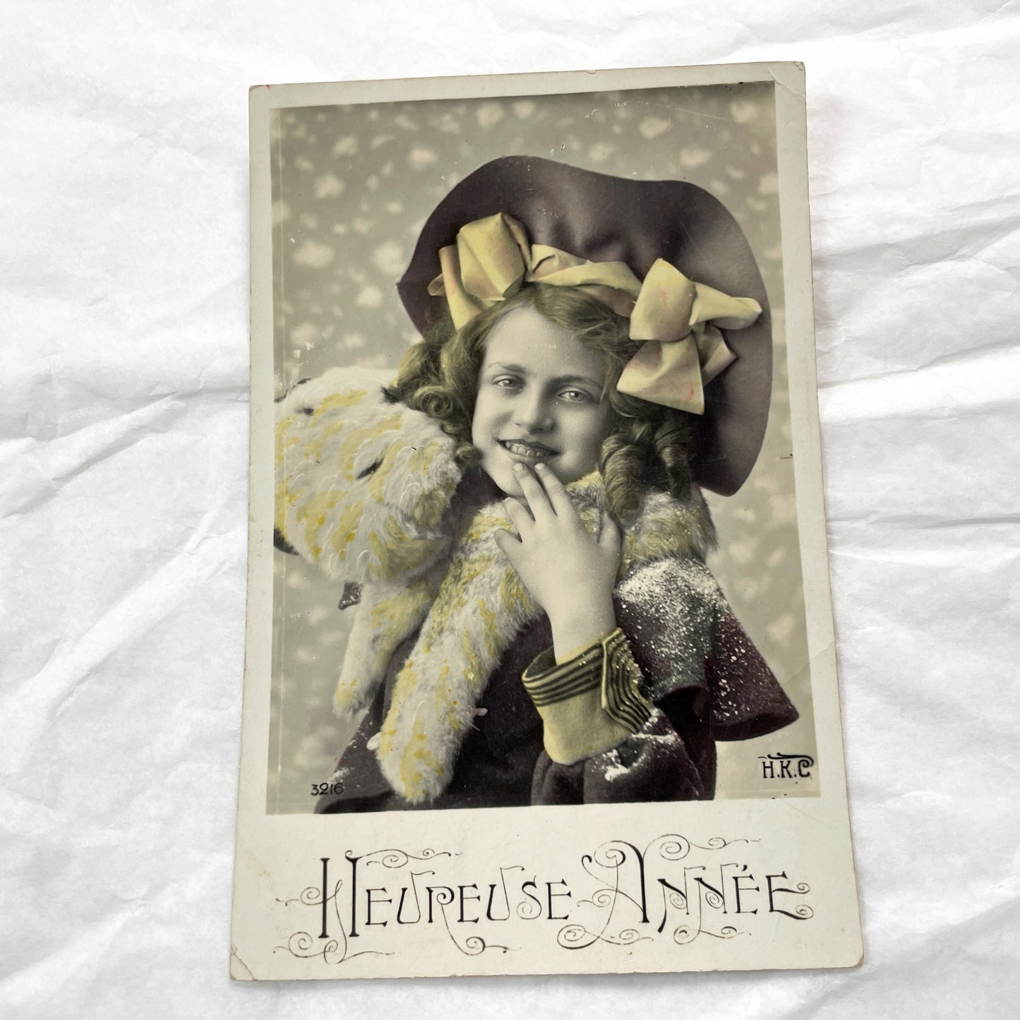 1900s - French New Year Postcard - Cheerful Young Girl in Hat - Hand-Tinted Sepia Portrait - Heureuse Annee Greeting - Vintage Ephemera