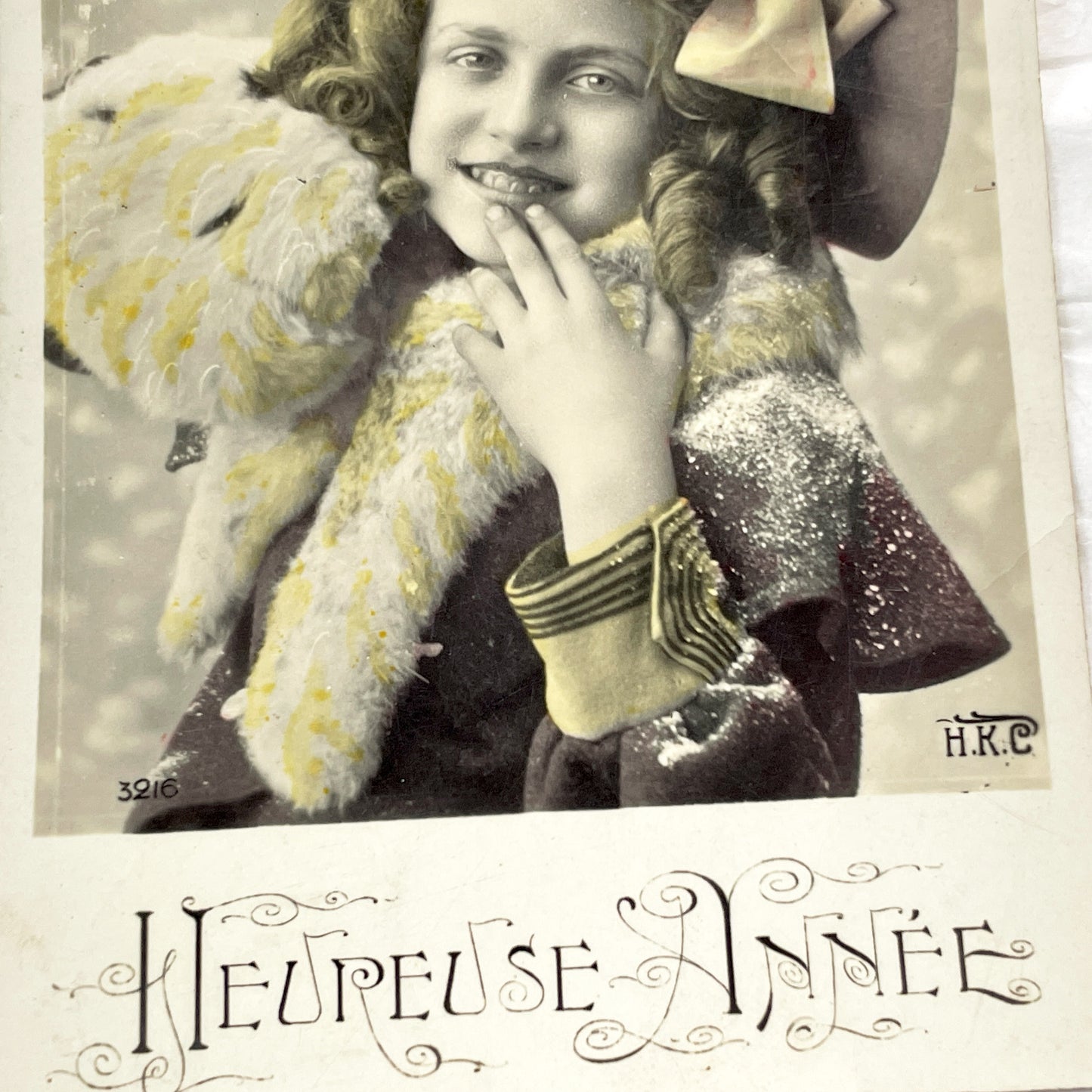 1900s - French New Year Postcard - Cheerful Young Girl in Hat - Hand-Tinted Sepia Portrait - Heureuse Annee Greeting - Vintage Ephemera