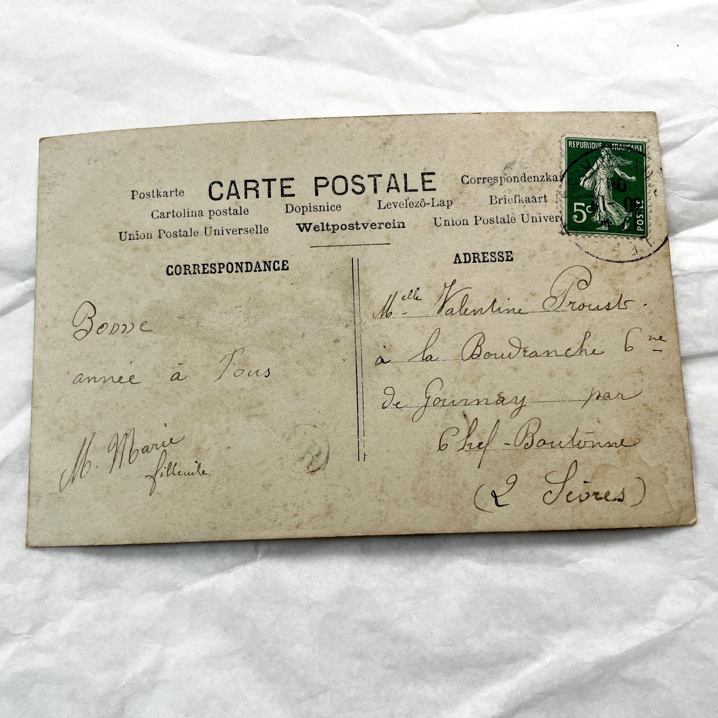 1900s - French New Year Postcard - Cheerful Young Girl in Hat - Hand-Tinted Sepia Portrait - Heureuse Annee Greeting - Vintage Ephemera