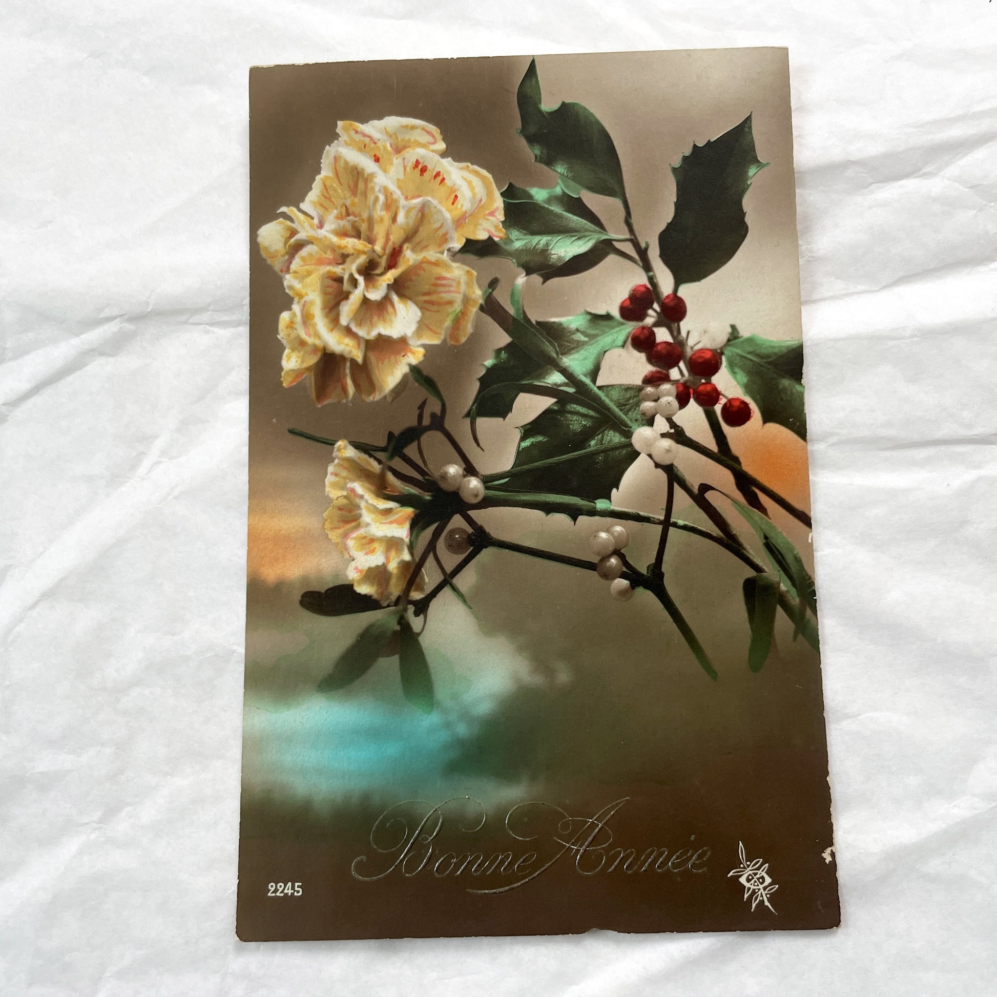 1920s - Vintage French New Year Postcard - Floral Design - Holly & Mistletoe Berries - Chromolithography Art - Antique Ephemera
