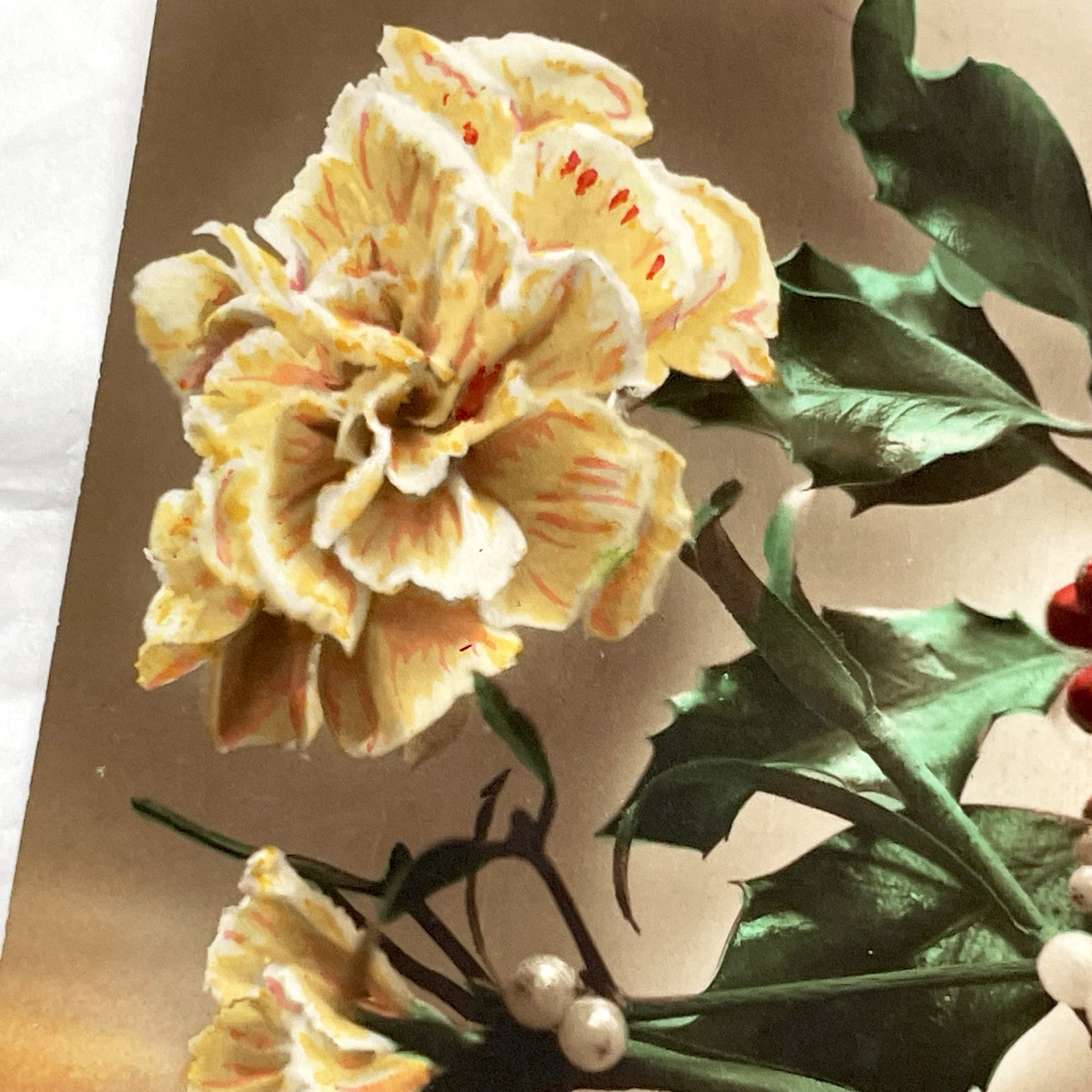 1920s - Vintage French New Year Postcard - Floral Design - Holly & Mistletoe Berries - Chromolithography Art - Antique Ephemera