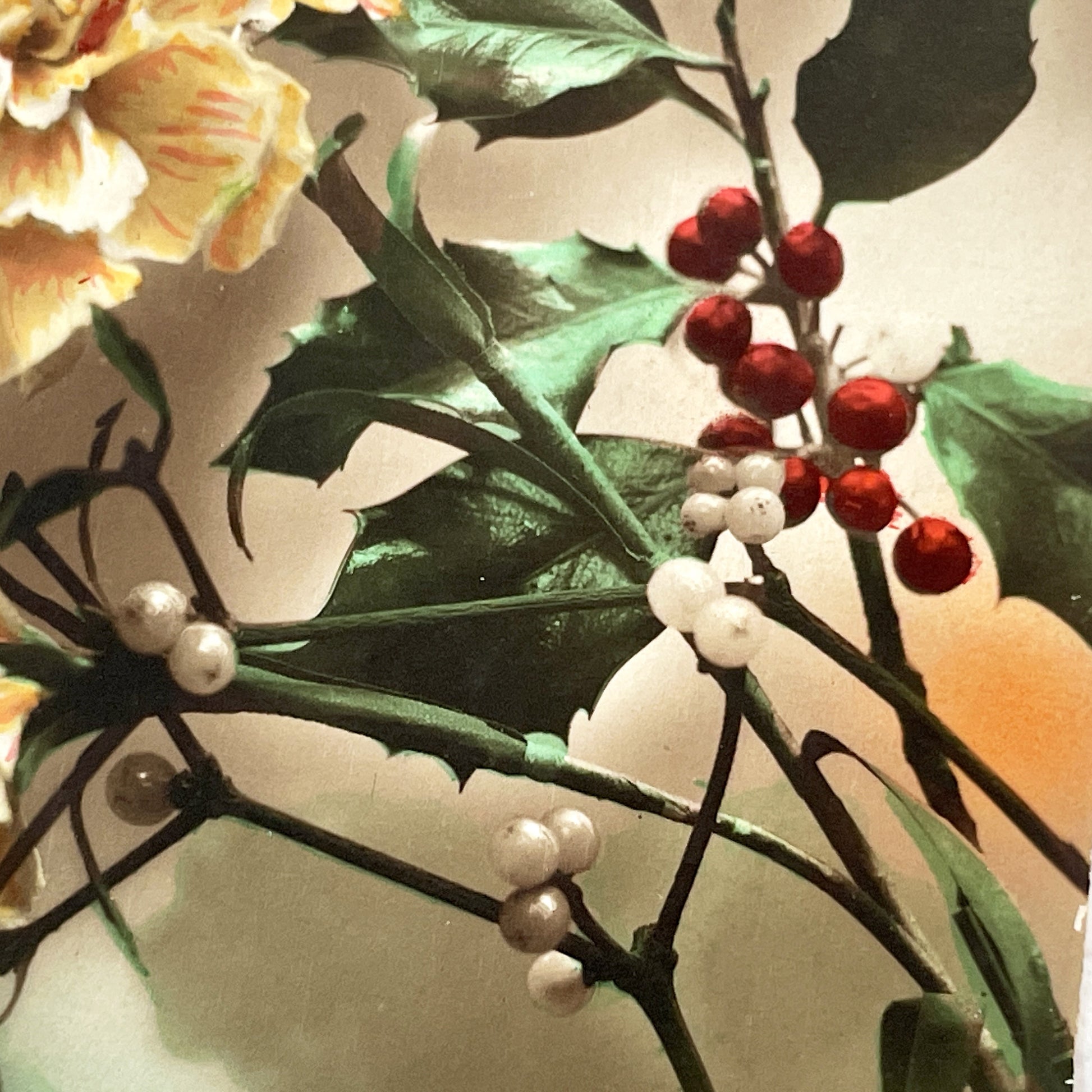 1920s - Vintage French New Year Postcard - Floral Design - Holly & Mistletoe Berries - Chromolithography Art - Antique Ephemera