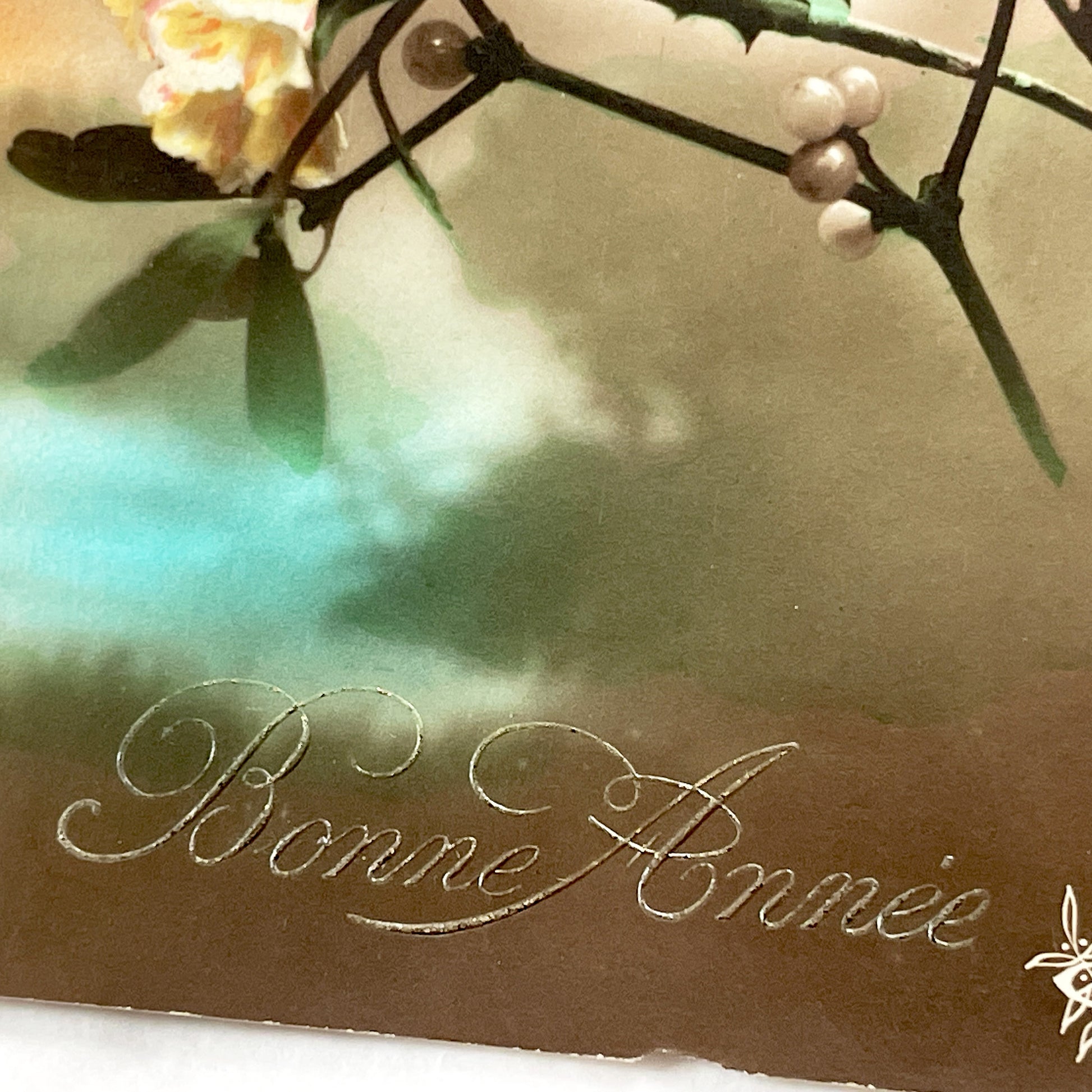 1920s - Vintage French New Year Postcard - Floral Design - Holly & Mistletoe Berries - Chromolithography Art - Antique Ephemera