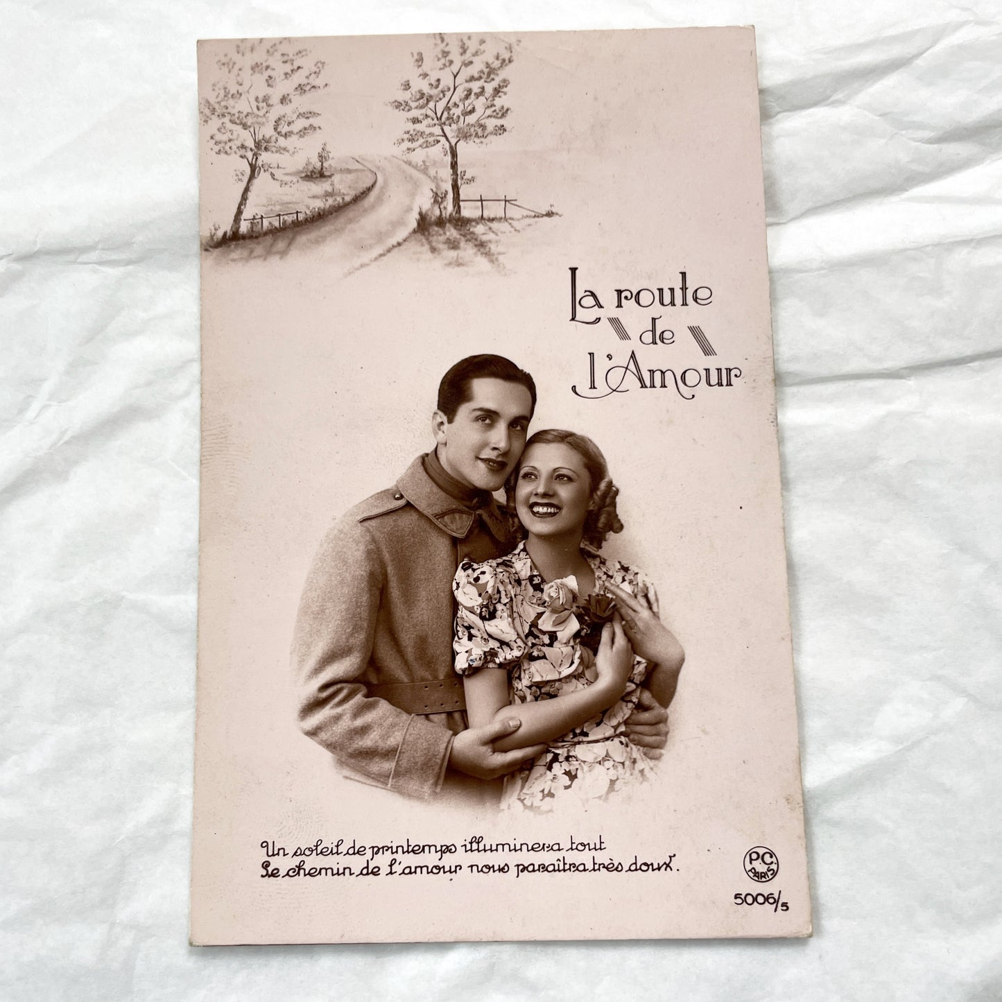 1940s - French Romance Postcard - The Road Of Love Couple Embracing - Sentimental French Card Collectible - Retro Ephemera Art